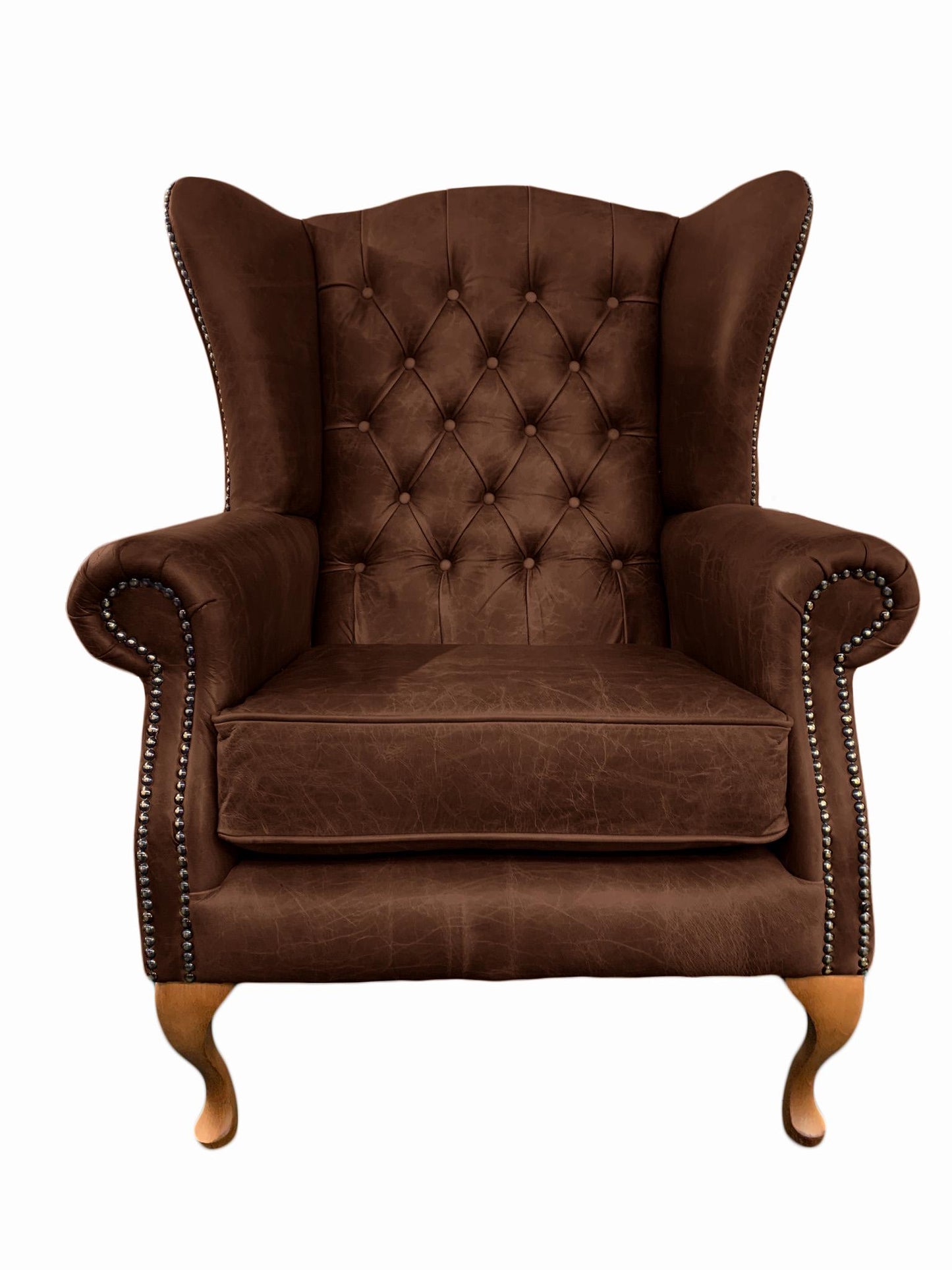 Chesterfield High Back Wing chair - Presented In Genuine Vintage Brown Leather - The Kensington