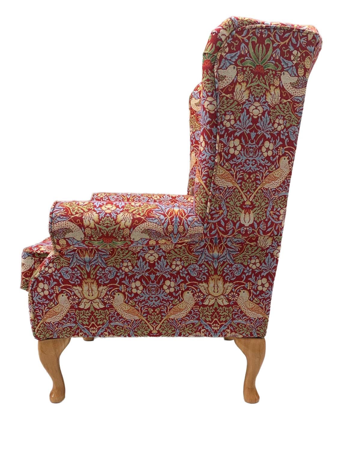 Classic Wingback Fireside Chair - Presented In Luxury Wine Red William Morris Style Design "STRAWBERRY THIEF" Fabric
