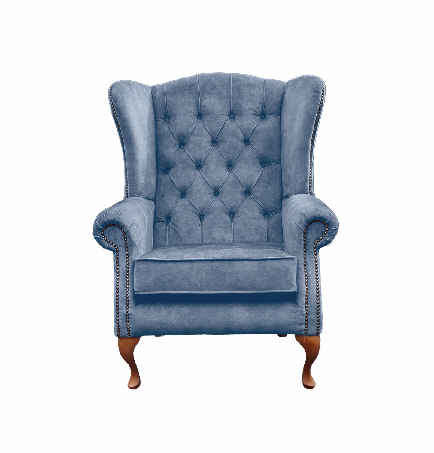 Chesterfield High Back Wing chair and stool - Presented In Luxury Blue Velvet - The Kensington