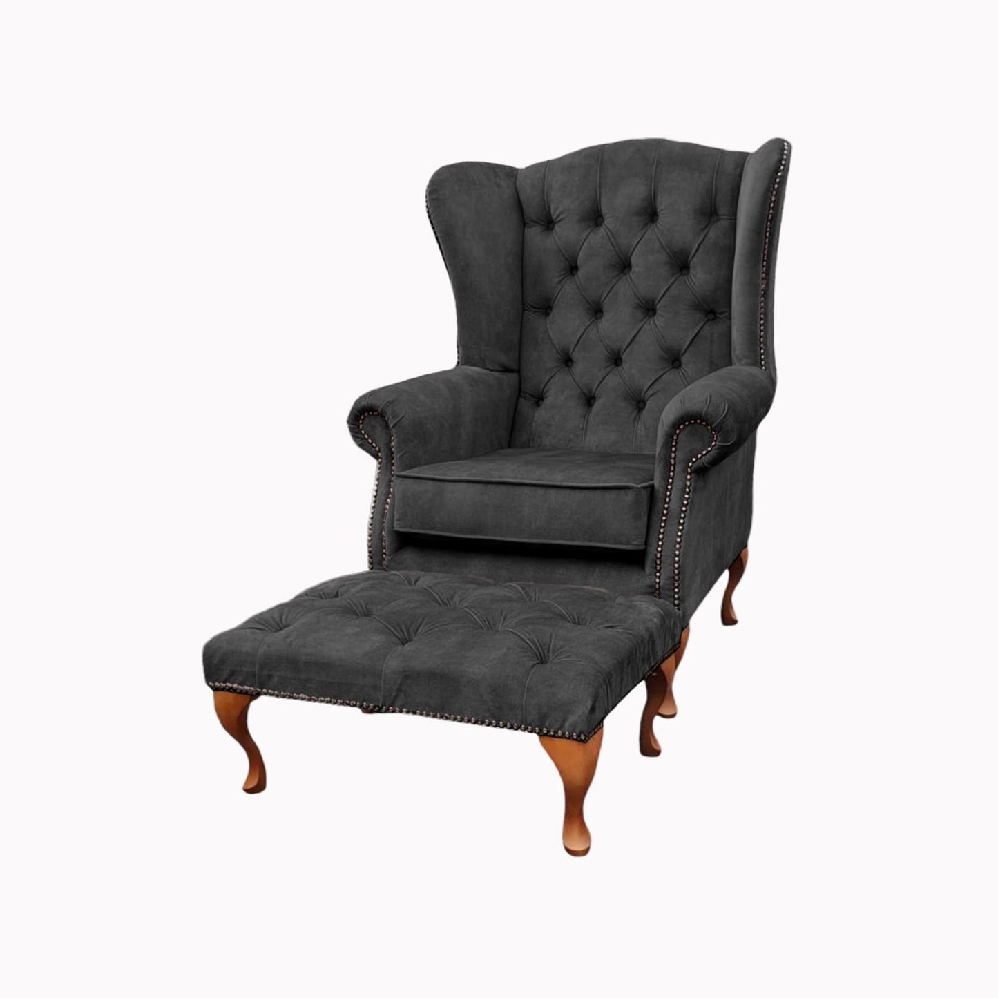 Chesterfield High Back Wing chair and stool - Presented In Luxury Charcoal Velvet - The Kensington
