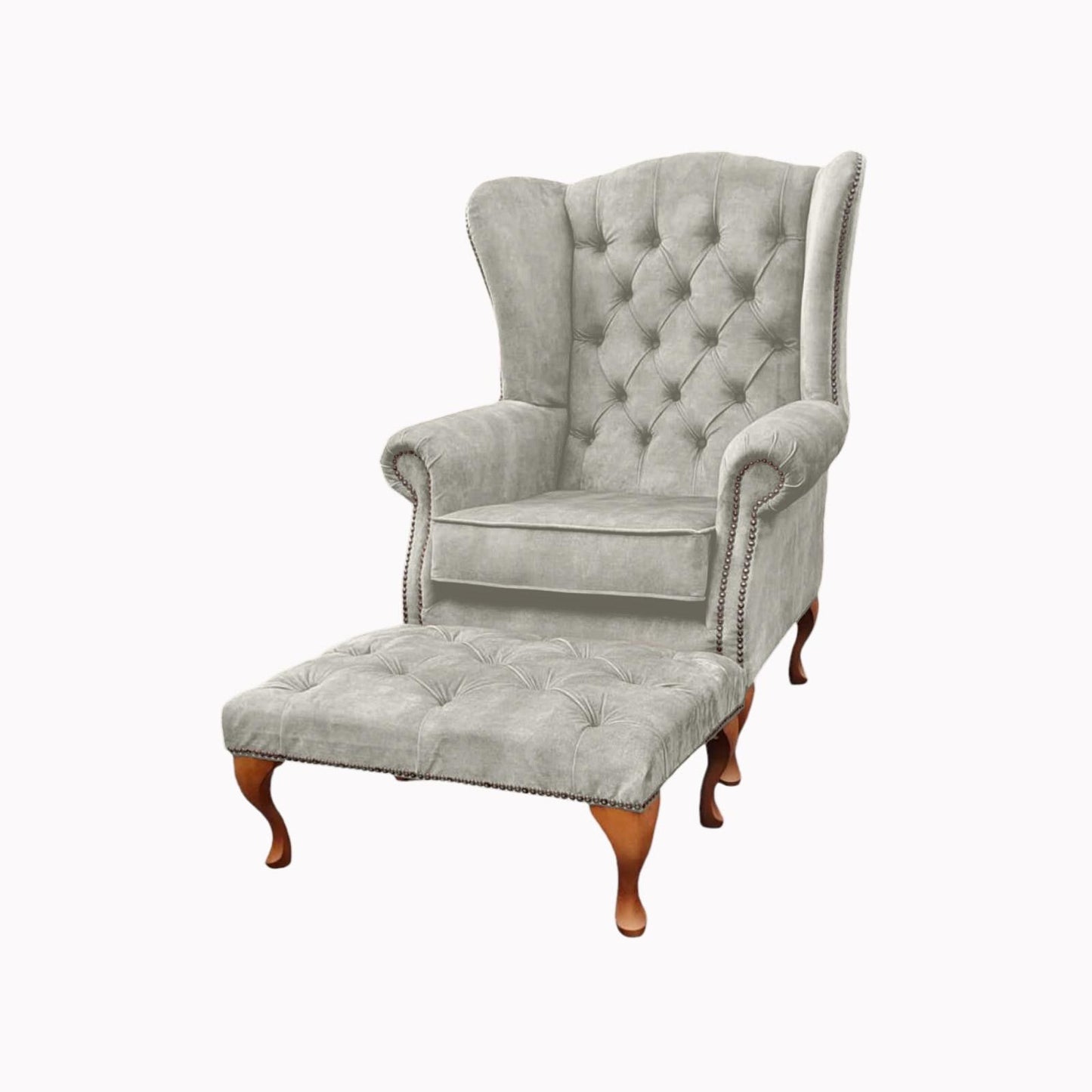 Chesterfield High Back Wing chair and stool - Presented In Luxury Almond Velvet - The Kensington