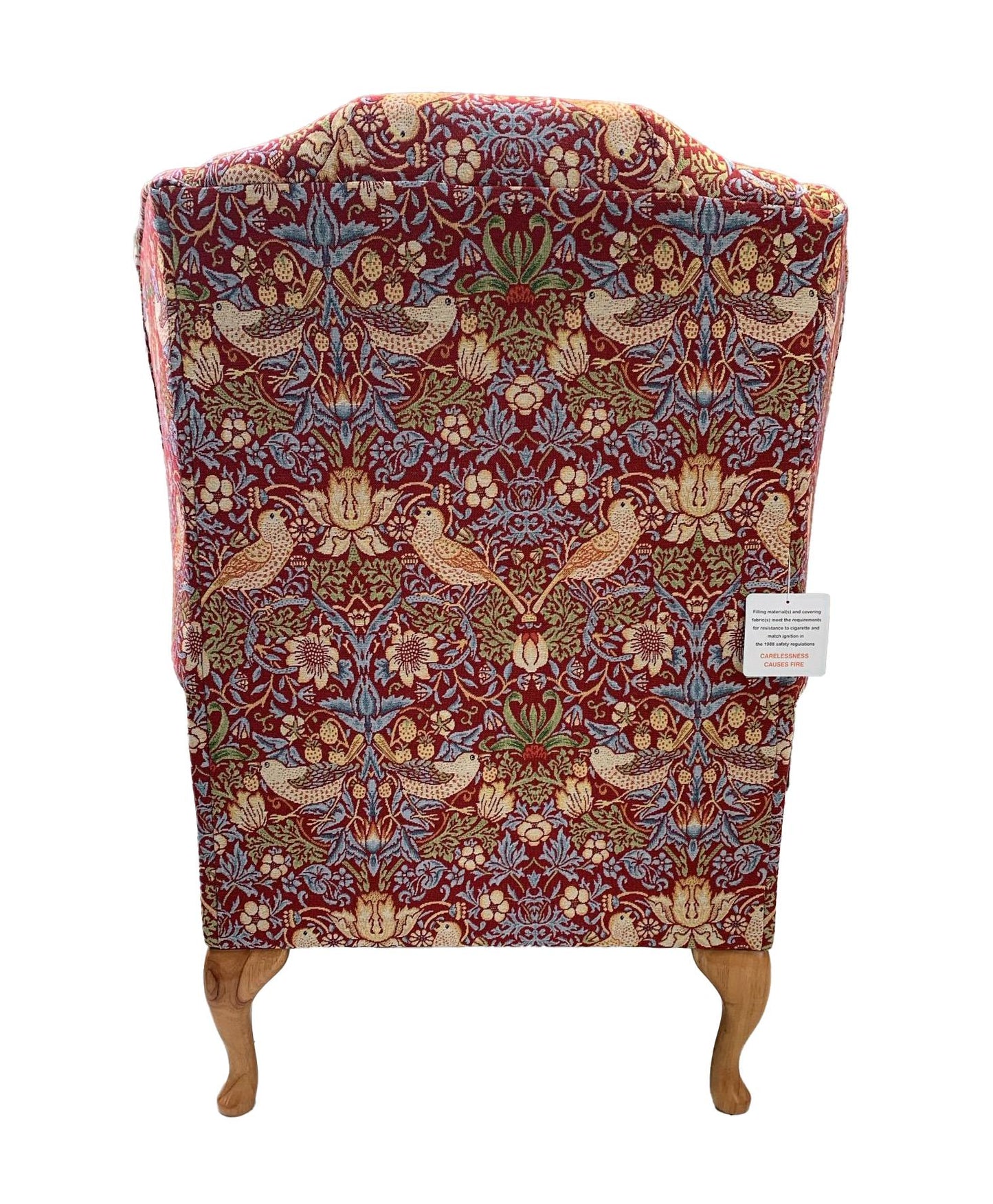 Classic Wingback Fireside Chair - Presented In Luxury Wine Red William Morris Style Design "STRAWBERRY THIEF" Fabric