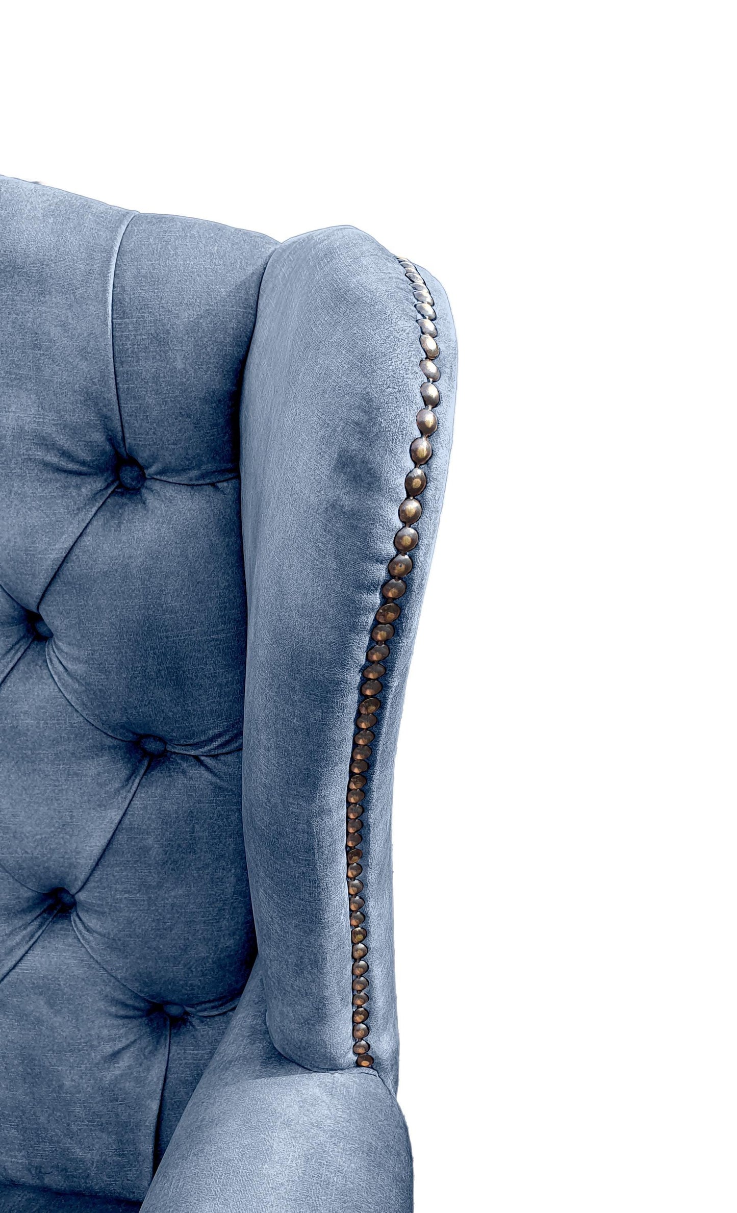 Chesterfield High Back Wing chair and stool - Presented In Luxury Blue Velvet - The Kensington