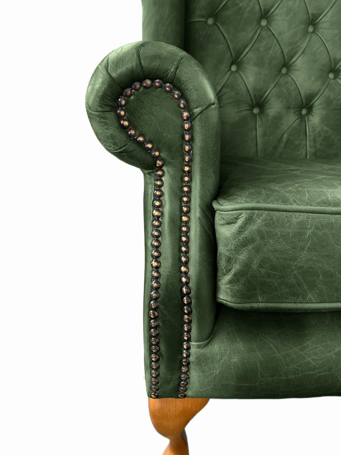 Chesterfield High Back Wing chair and Stool - Presented In Genuine Vintage Green Leather - The Kensington