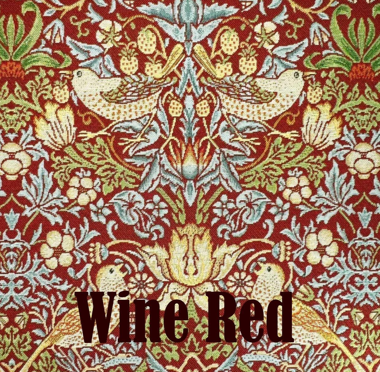 Classic Wingback Fireside Chair - Presented In Luxury Wine Red William Morris Style Design "STRAWBERRY THIEF" Fabric