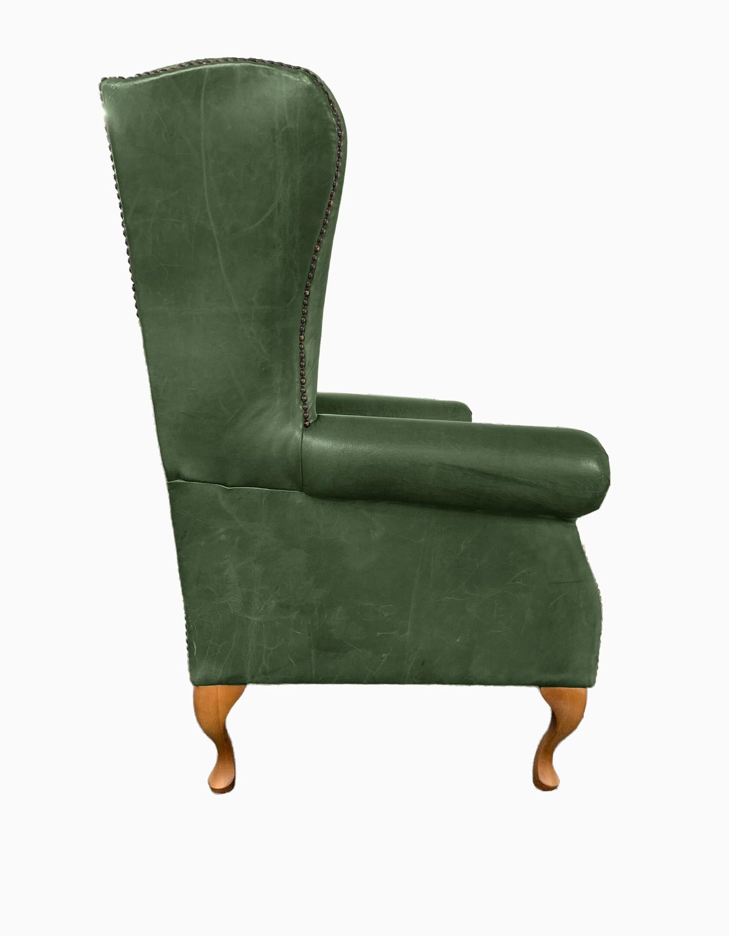 Chesterfield High Back Wing chair and Stool - Presented In Genuine Vintage Green Leather - The Kensington