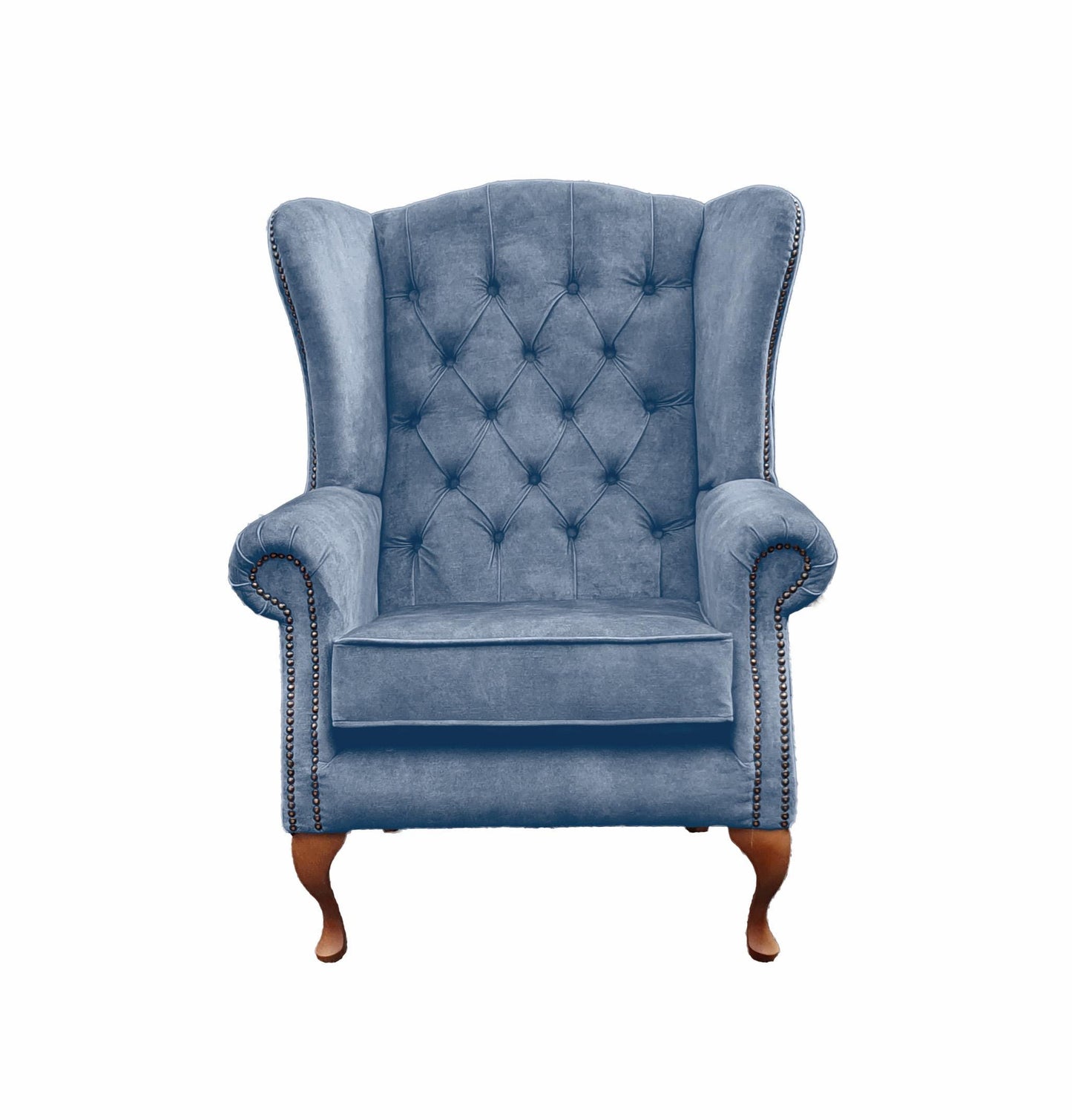 Chesterfield High Back Wing chair - Presented In Luxury Blue Velvet - The Kensington
