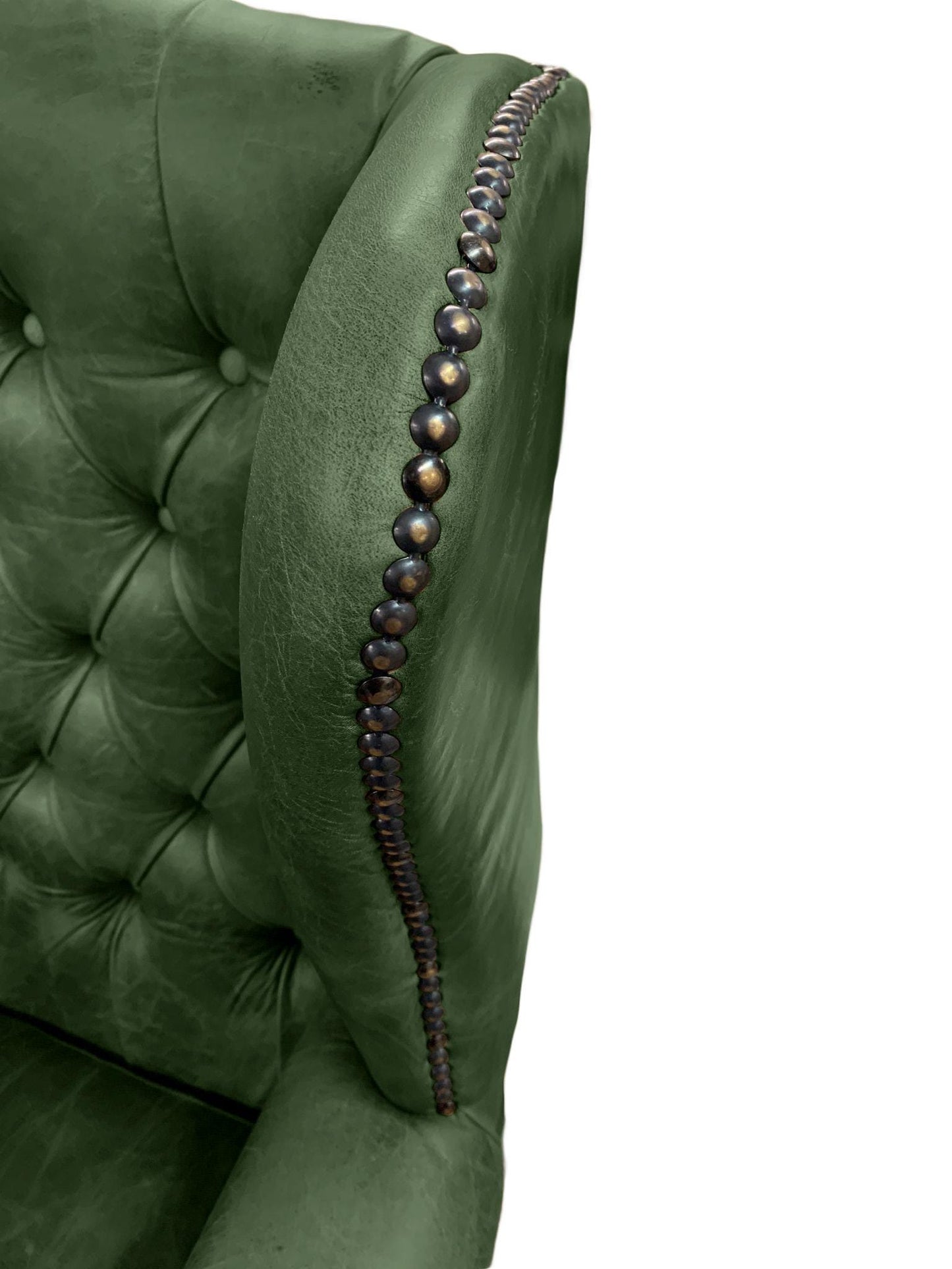 Chesterfield High Back Wing chair and Stool - Presented In Genuine Vintage Green Leather - The Kensington