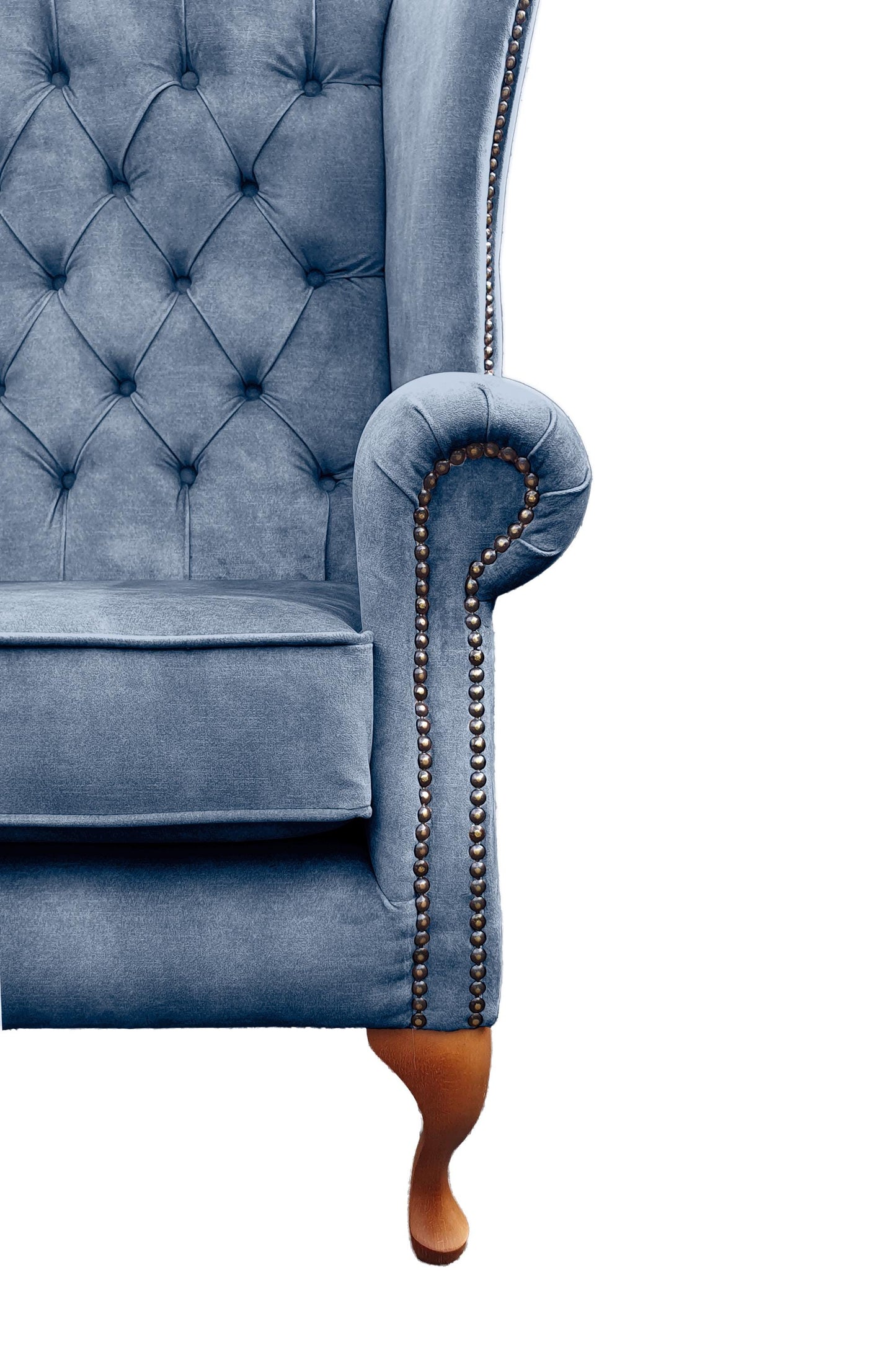 Chesterfield High Back Wing chair and stool - Presented In Luxury Blue Velvet - The Kensington