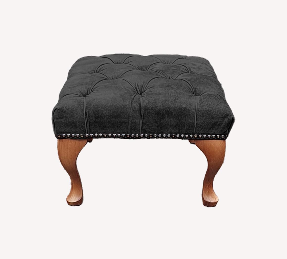 Chesterfield High Back Wing chair and stool - Presented In Luxury Charcoal Velvet - The Kensington