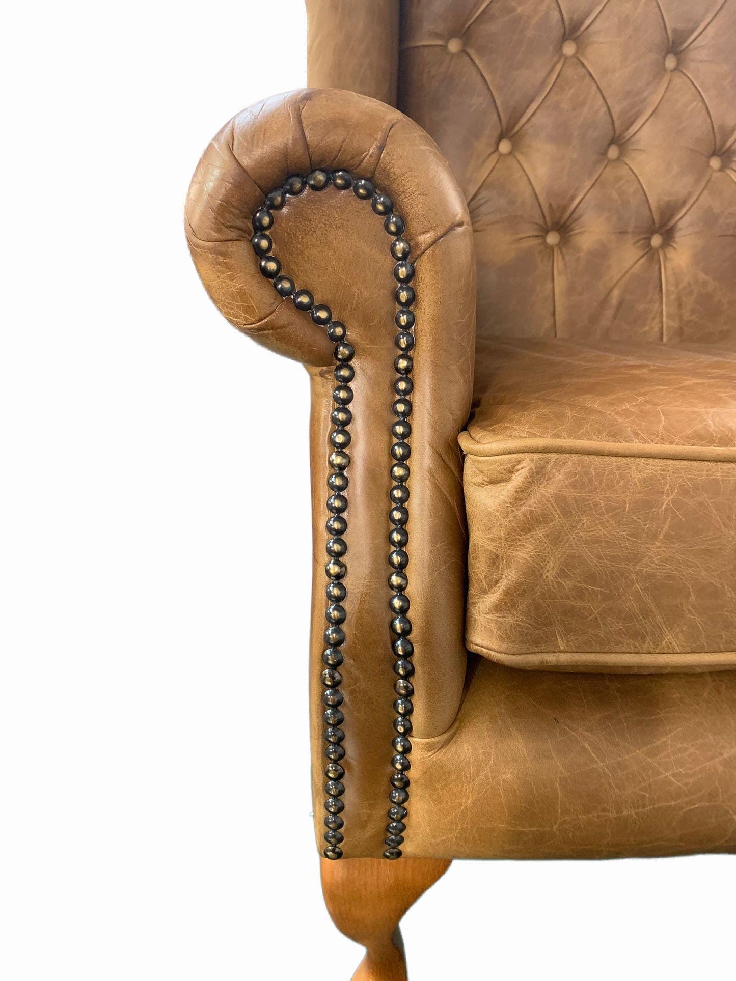 Chesterfield High Back Wing chair - Presented In Genuine Vintage Tan Leather - The Kensington