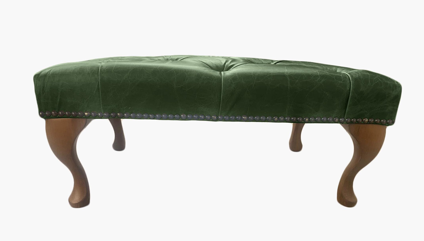 Chesterfield High Back Wing chair and Stool - Presented In Genuine Vintage Green Leather - The Kensington