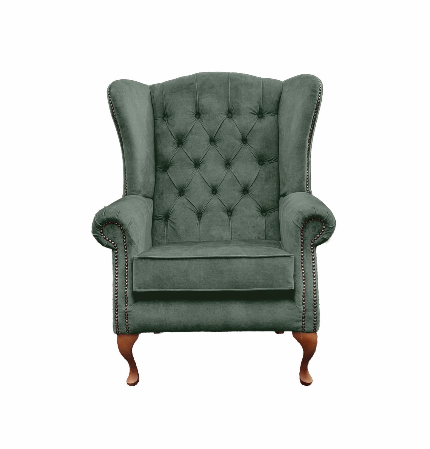 Chesterfield High Back Wing chair and stool - Presented In Luxury Emerald Velvet - The Kensington