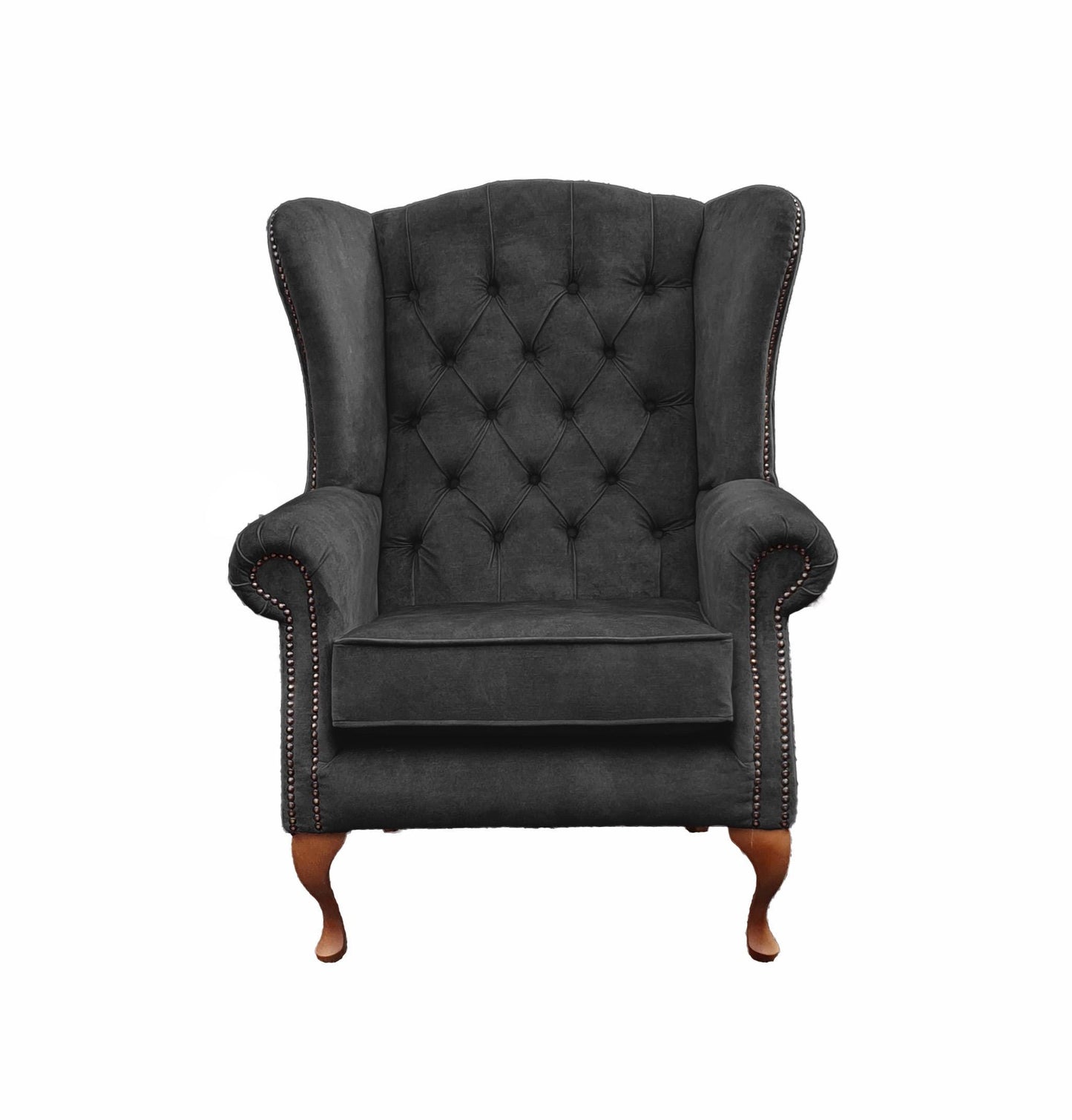 Chesterfield High Back Wing chair and stool - Presented In Luxury Charcoal Velvet - The Kensington