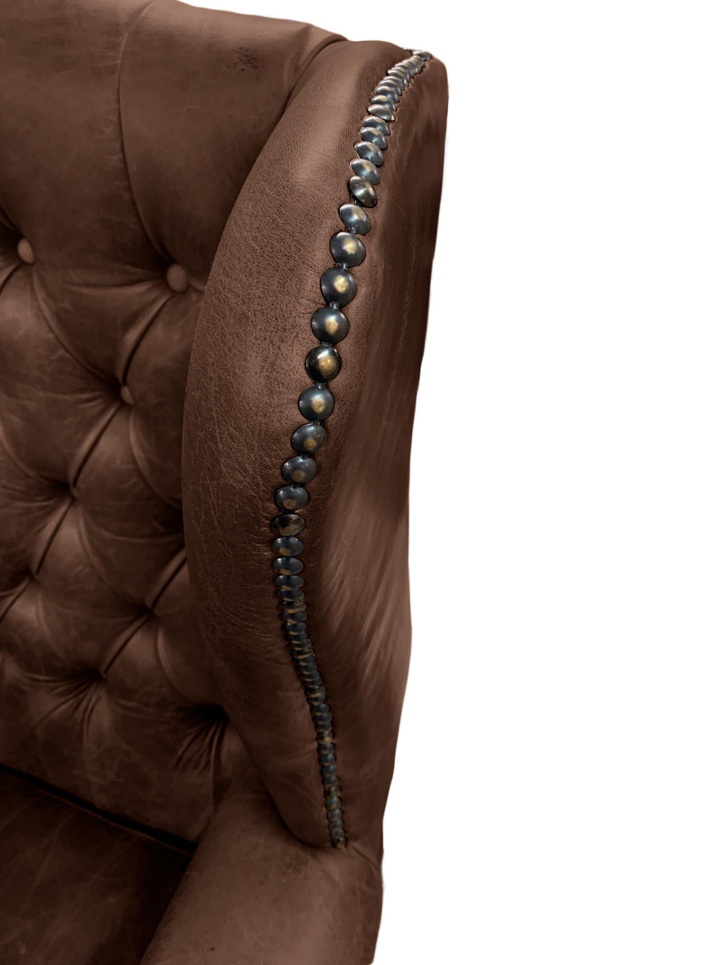 Chesterfield High Back Wing chair and Stool - Presented In Genuine Vintage Brown Leather - The Kensington