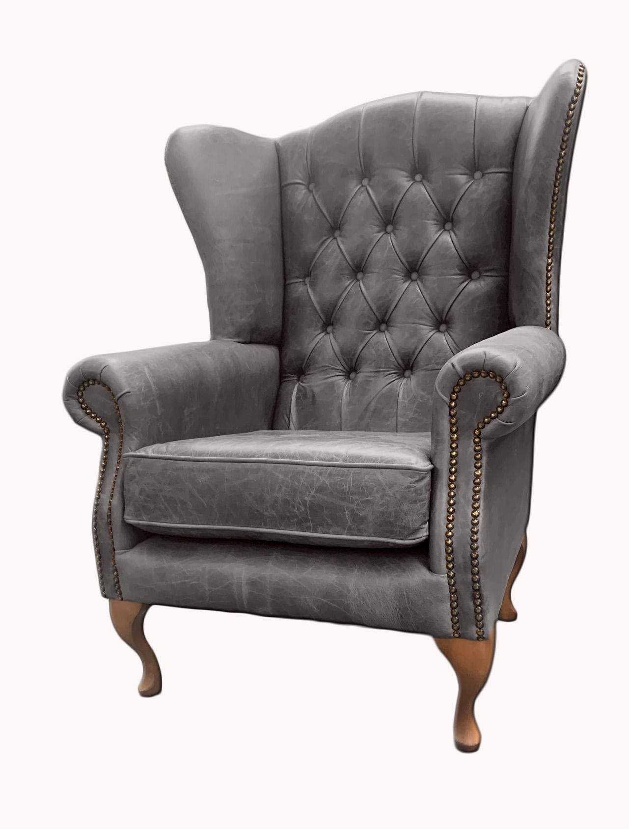 Chesterfield High Back Wing chair - Presented In Genuine Vintage Ash Leather - The Kensington