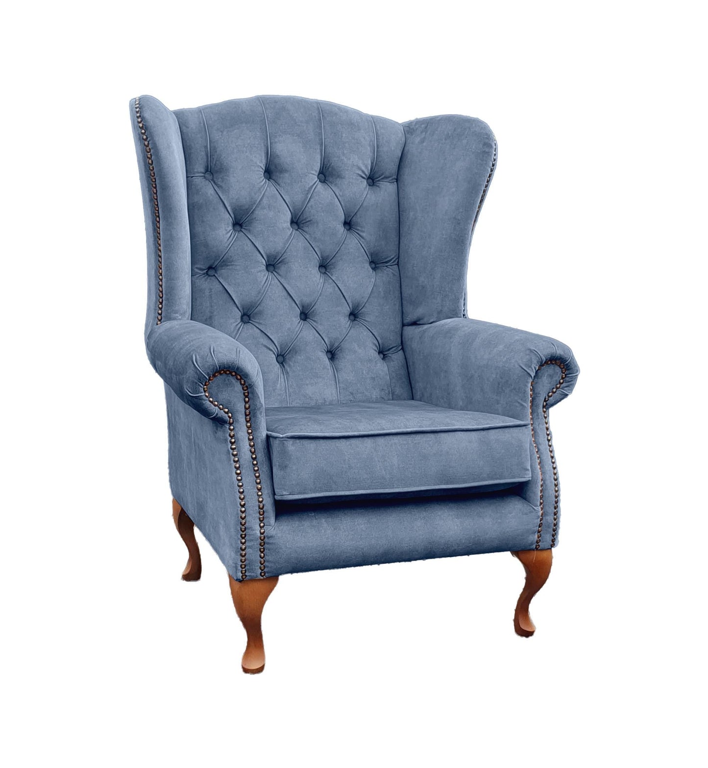 Chesterfield High Back Wing chair and stool - Presented In Luxury Blue Velvet - The Kensington
