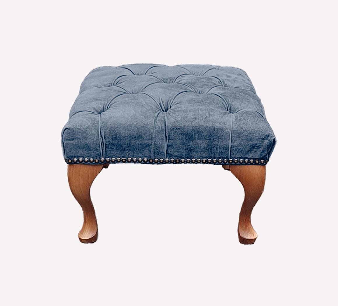 Chesterfield High Back Wing chair and stool - Presented In Luxury Blue Velvet - The Kensington