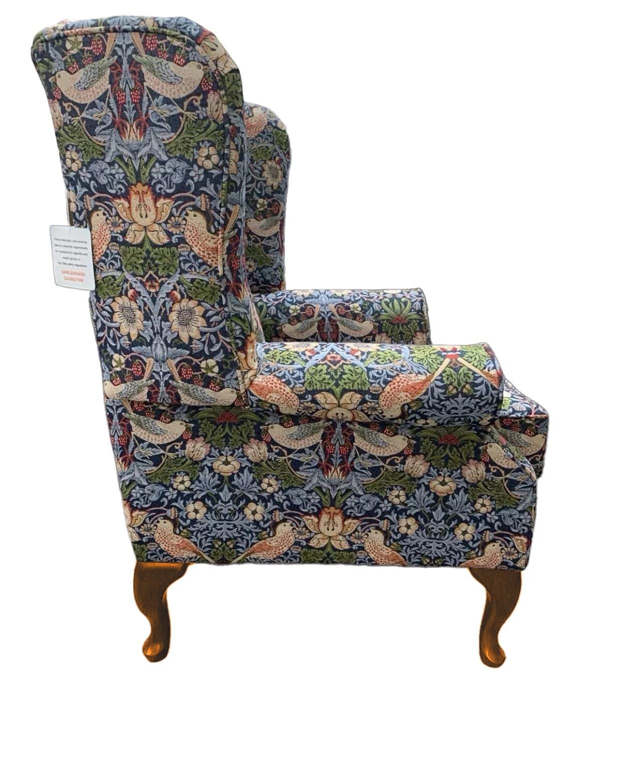 Classic Wingback Fireside Chair - Presented In Luxury William Morris Style Design "STRAWBERRY THIEF" Fabric