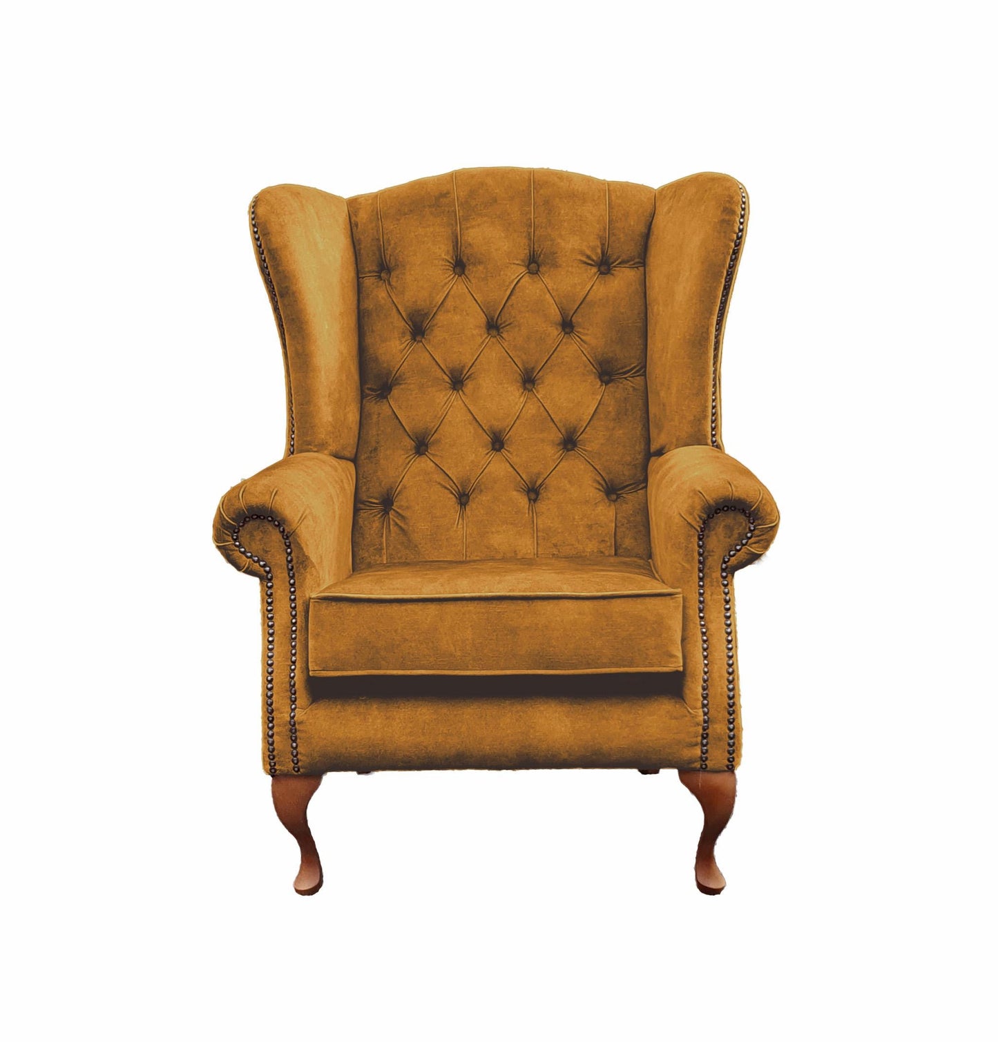 Chesterfield High Back Wing chair and stool - Presented In Luxury Turmeric Velvet - The Kensington