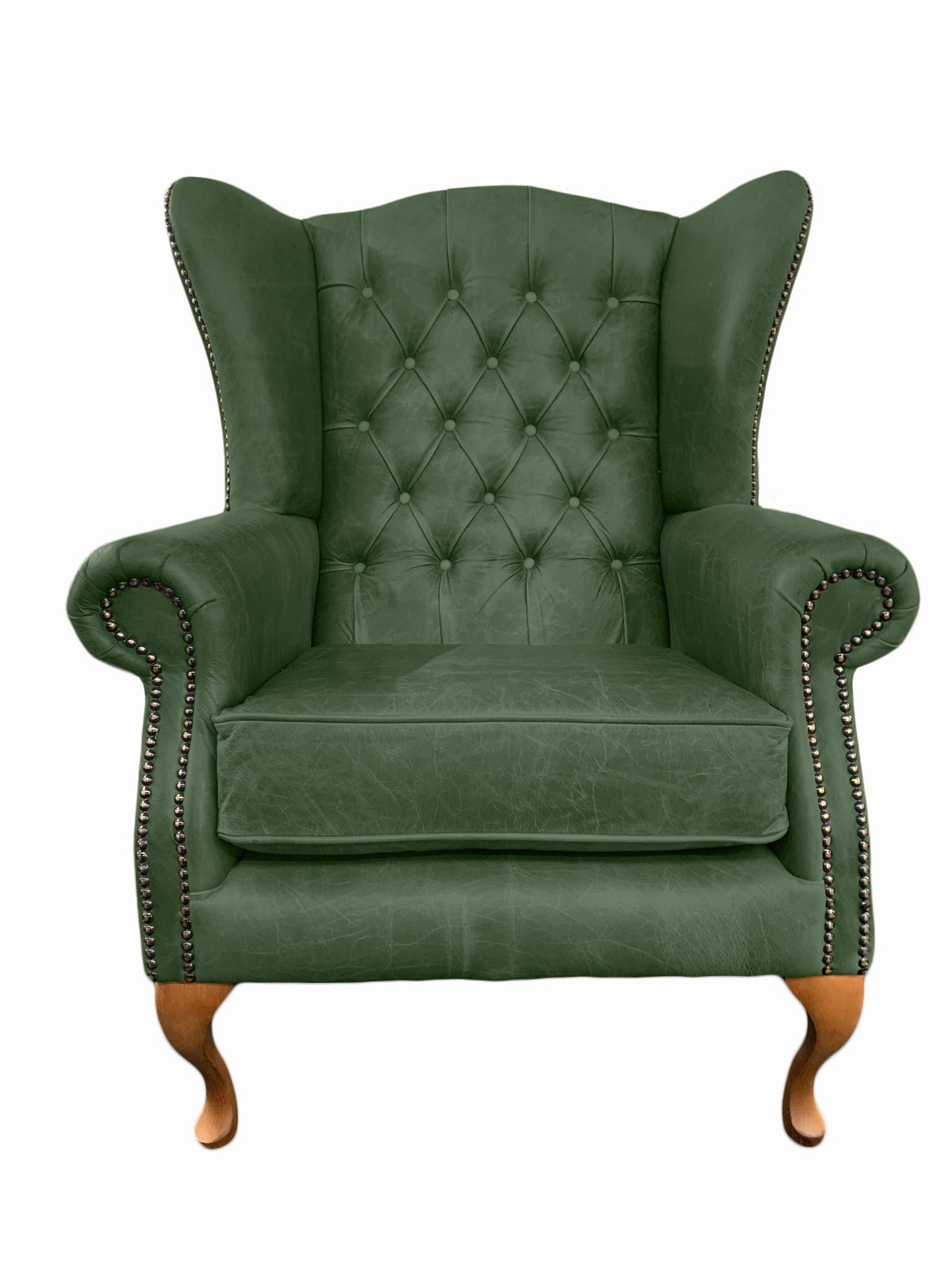 Chesterfield High Back Wing chair and Stool - Presented In Genuine Vintage Green Leather - The Kensington