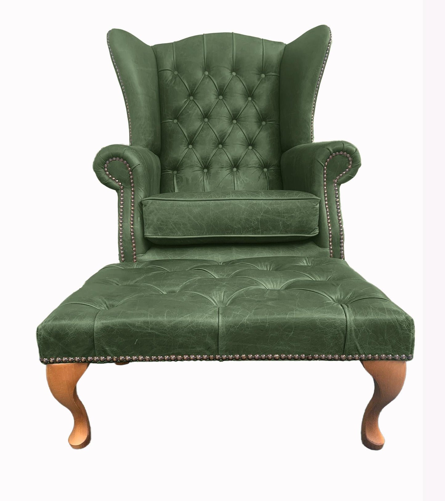 Chesterfield High Back Wing chair and Stool - Presented In Genuine Vintage Green Leather - The Kensington