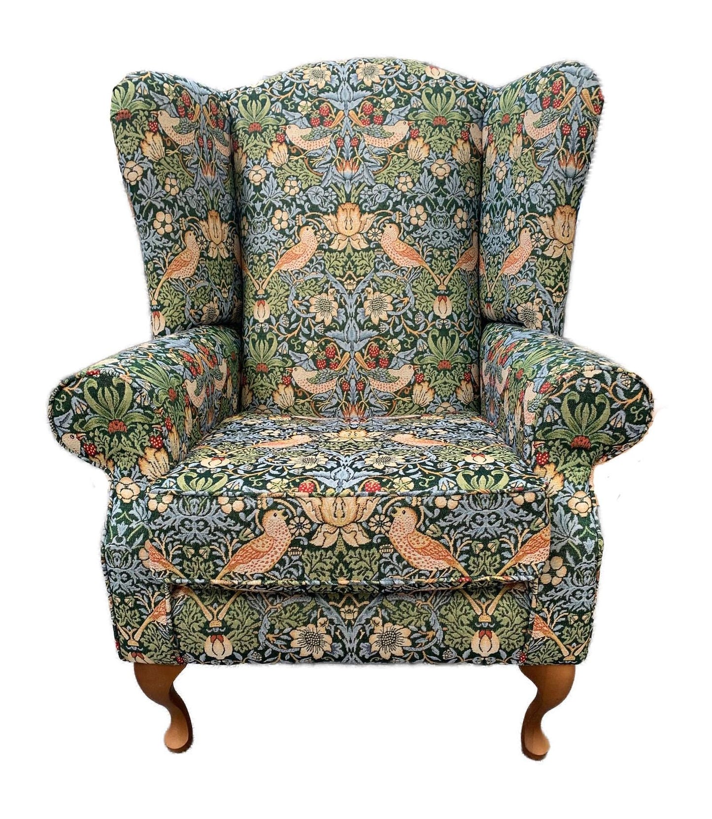 Classic Wingback Fireside Chair - Presented In Luxury William Morris Style Design "STRAWBERRY THIEF" Fabric