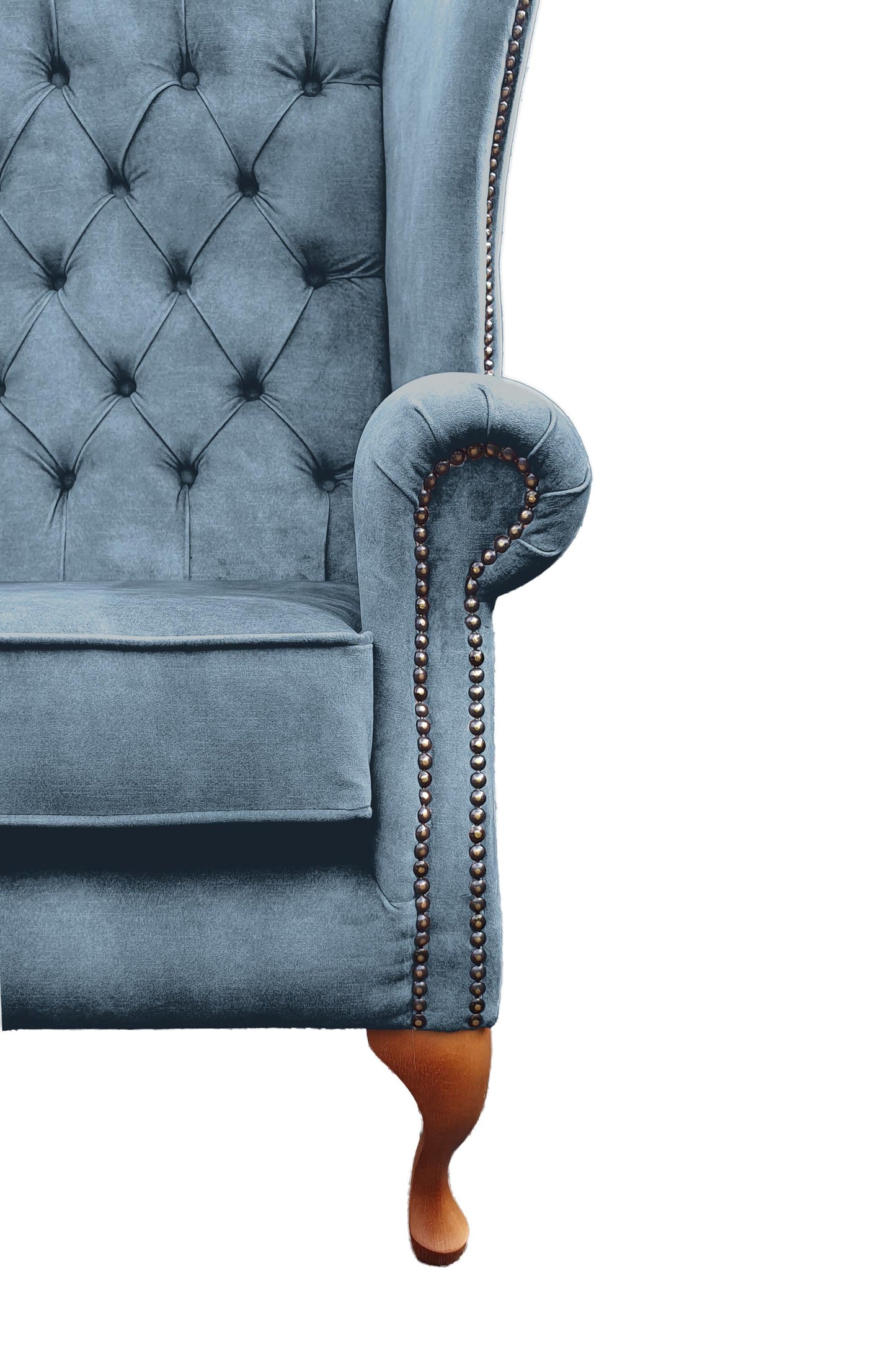 Chesterfield High Back Wing chair and stool - Presented In Luxury Aqua Velvet - The Kensington