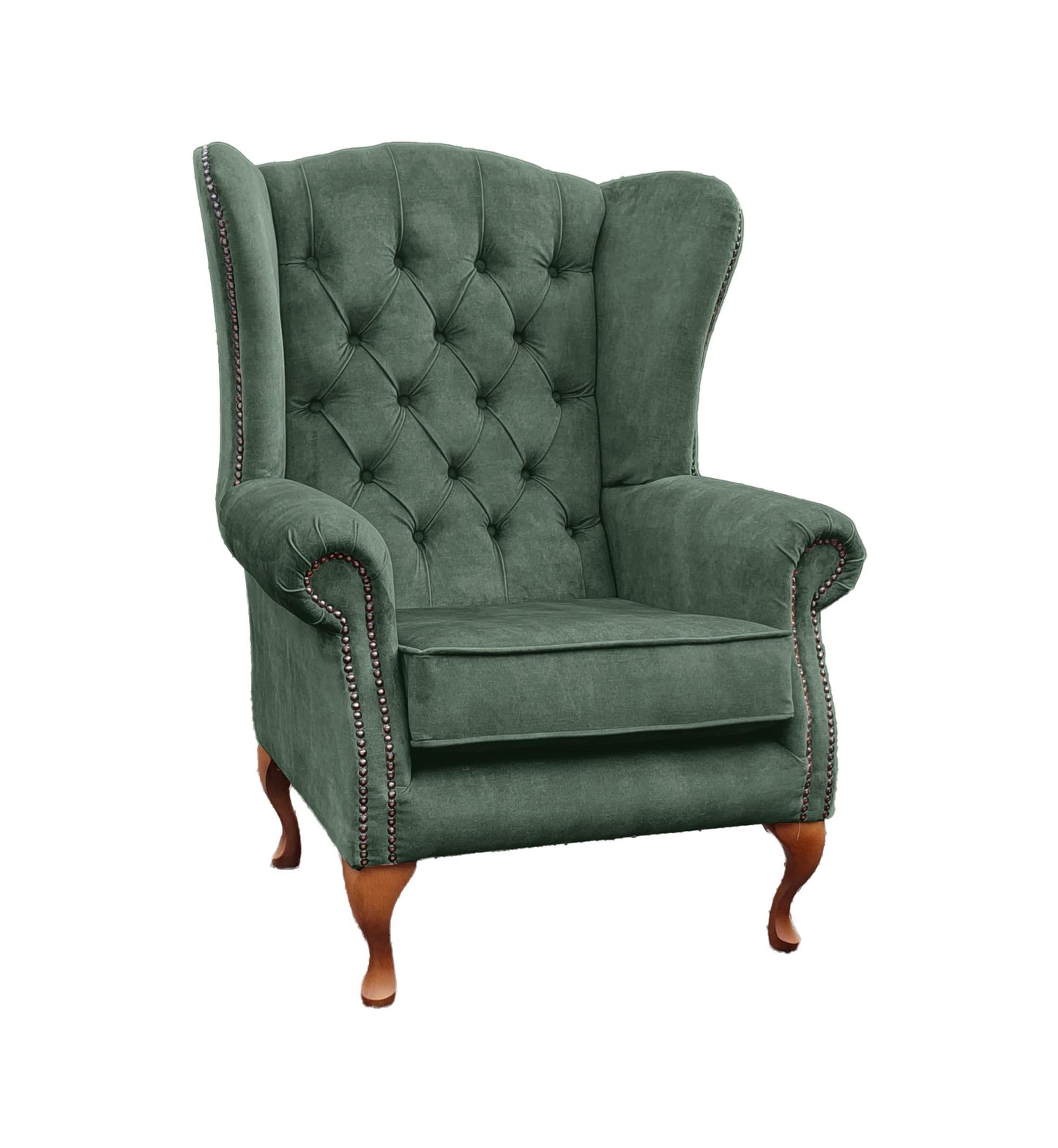 Chesterfield High Back Wing chair and stool - Presented In Luxury Emerald Velvet - The Kensington