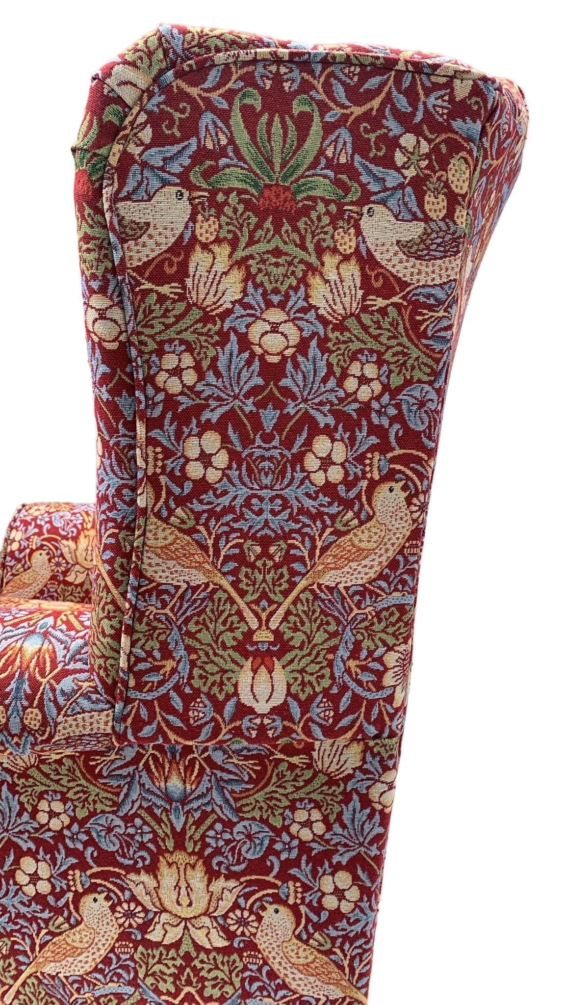 Classic Wingback Fireside Chair - Presented In Luxury Wine Red William Morris Style Design "STRAWBERRY THIEF" Fabric