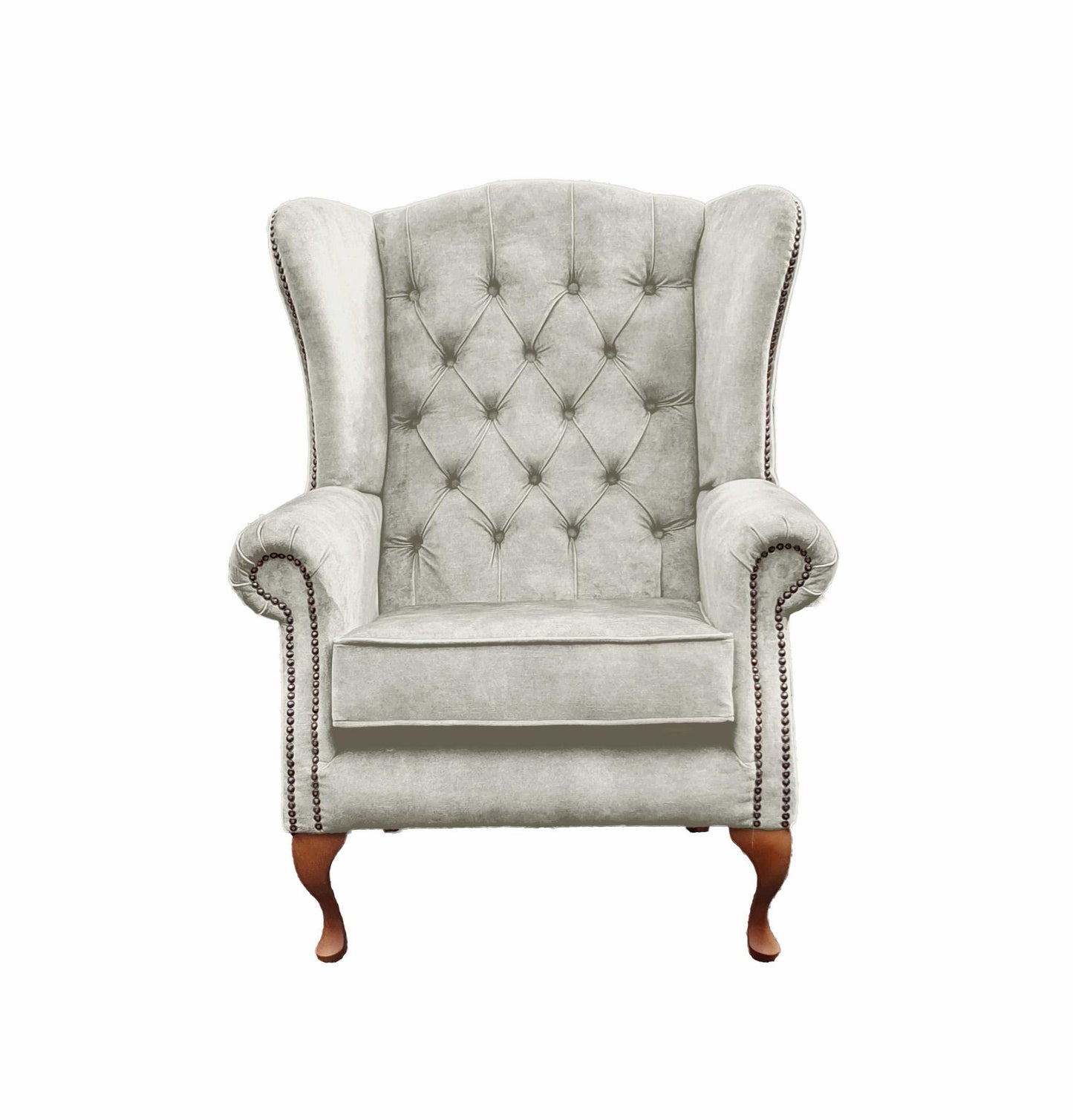 Chesterfield High Back Wing chair and stool - Presented In Luxury Almond Velvet - The Kensington