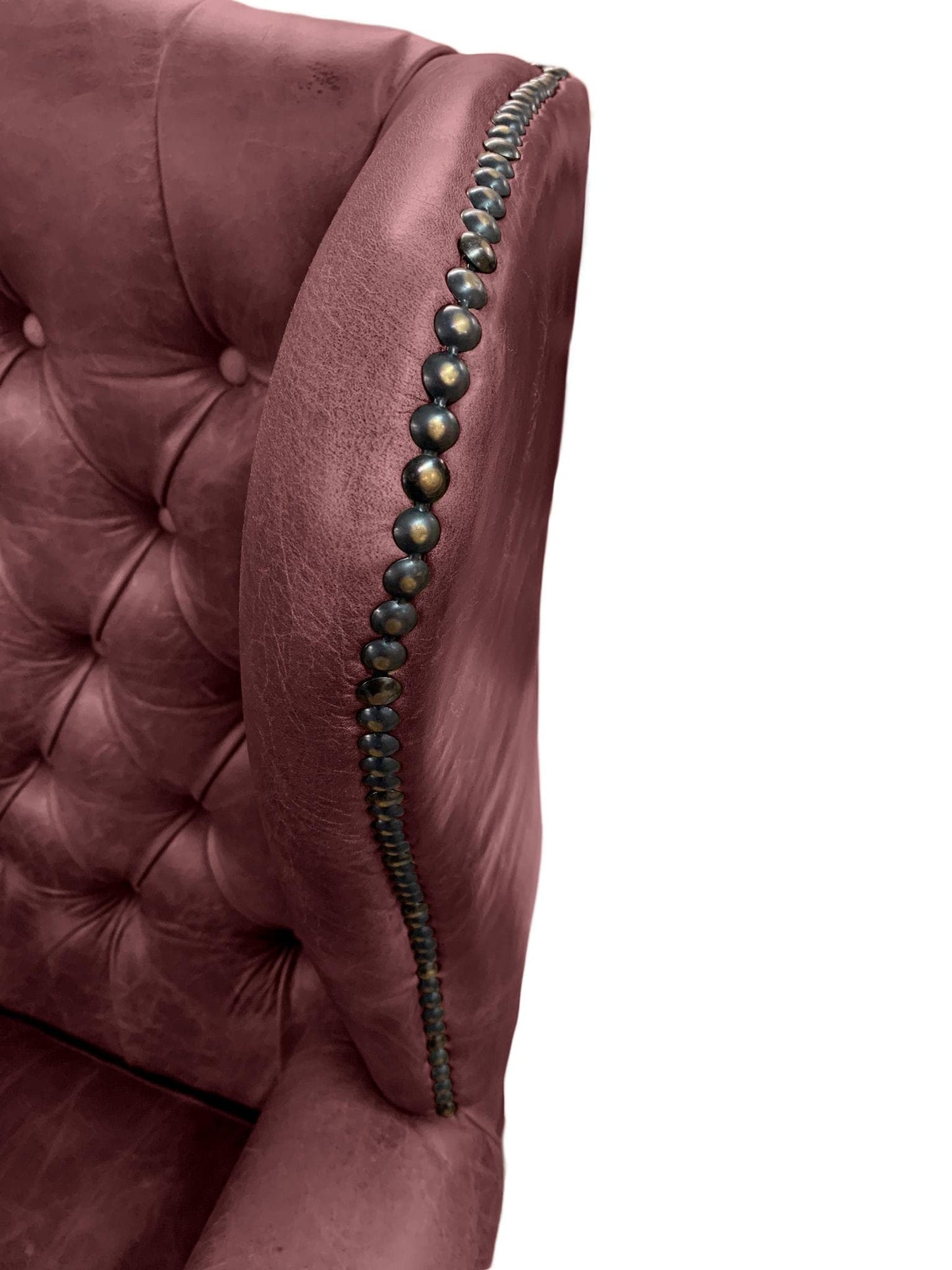 Chesterfield High Back Wing chair and Stool - Presented In Genuine Vintage Red Leather - The Kensington