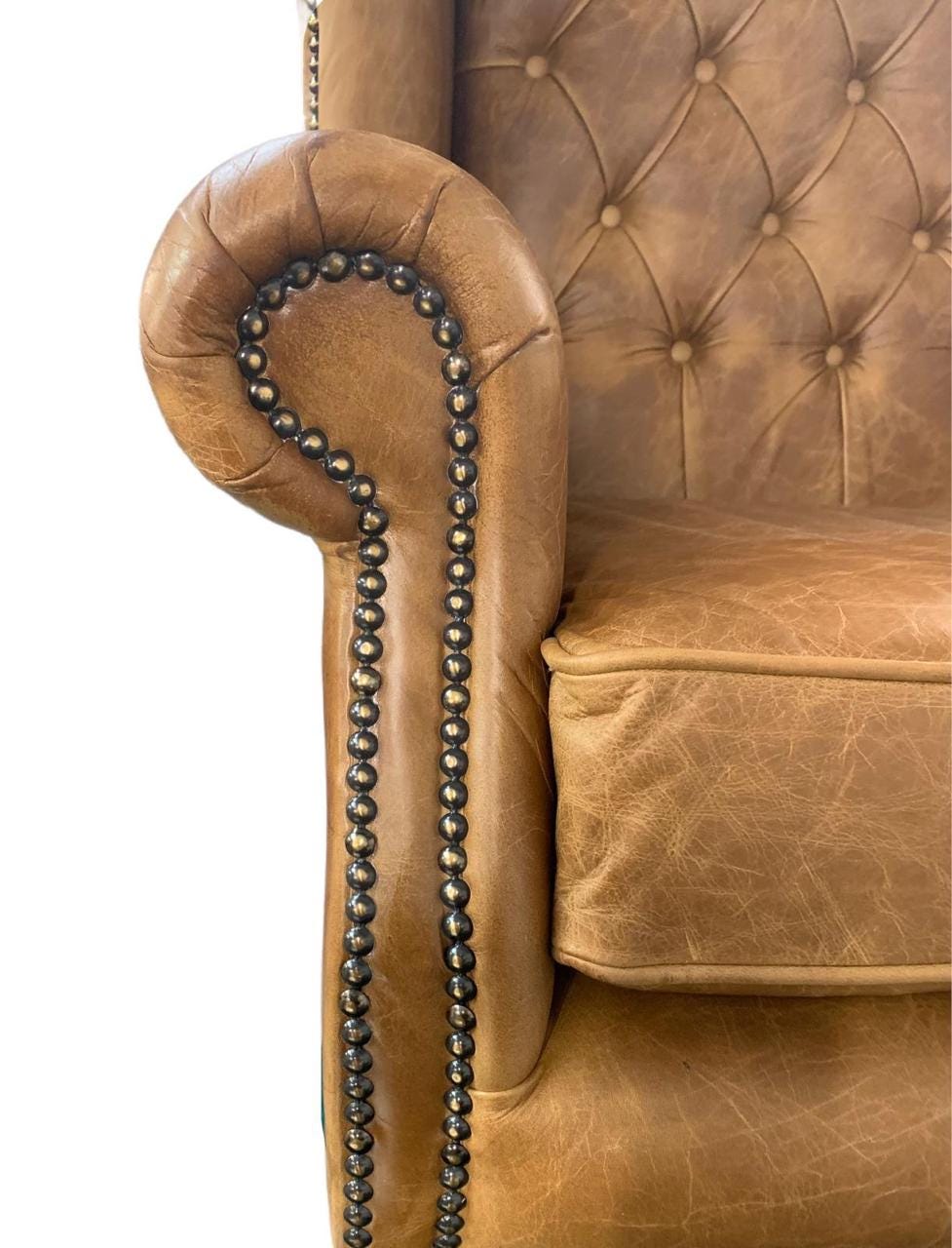 Chesterfield High Back Wing chair - Presented In Genuine Vintage Tan Leather - The Kensington
