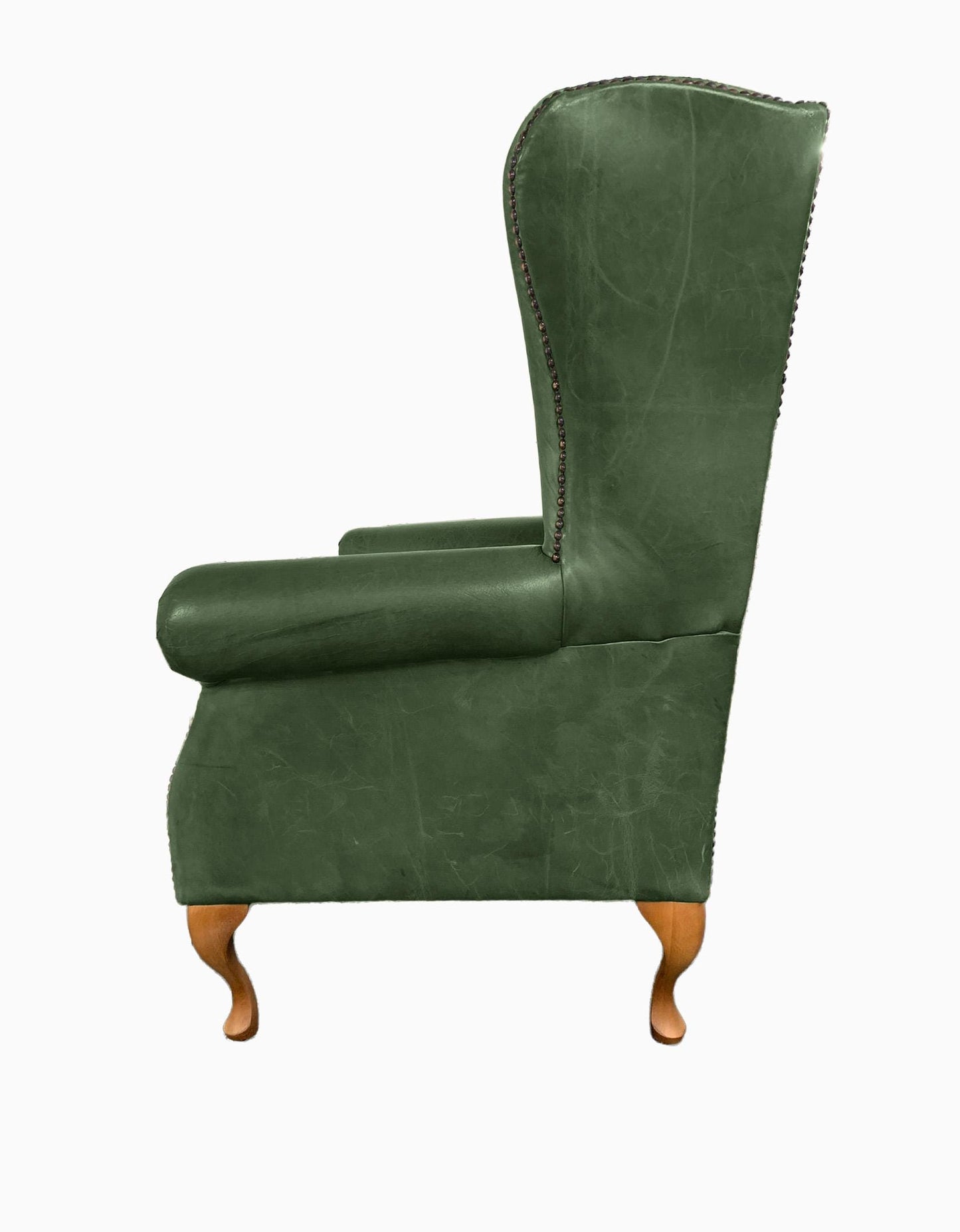 Chesterfield High Back Wing chair and Stool - Presented In Genuine Vintage Green Leather - The Kensington
