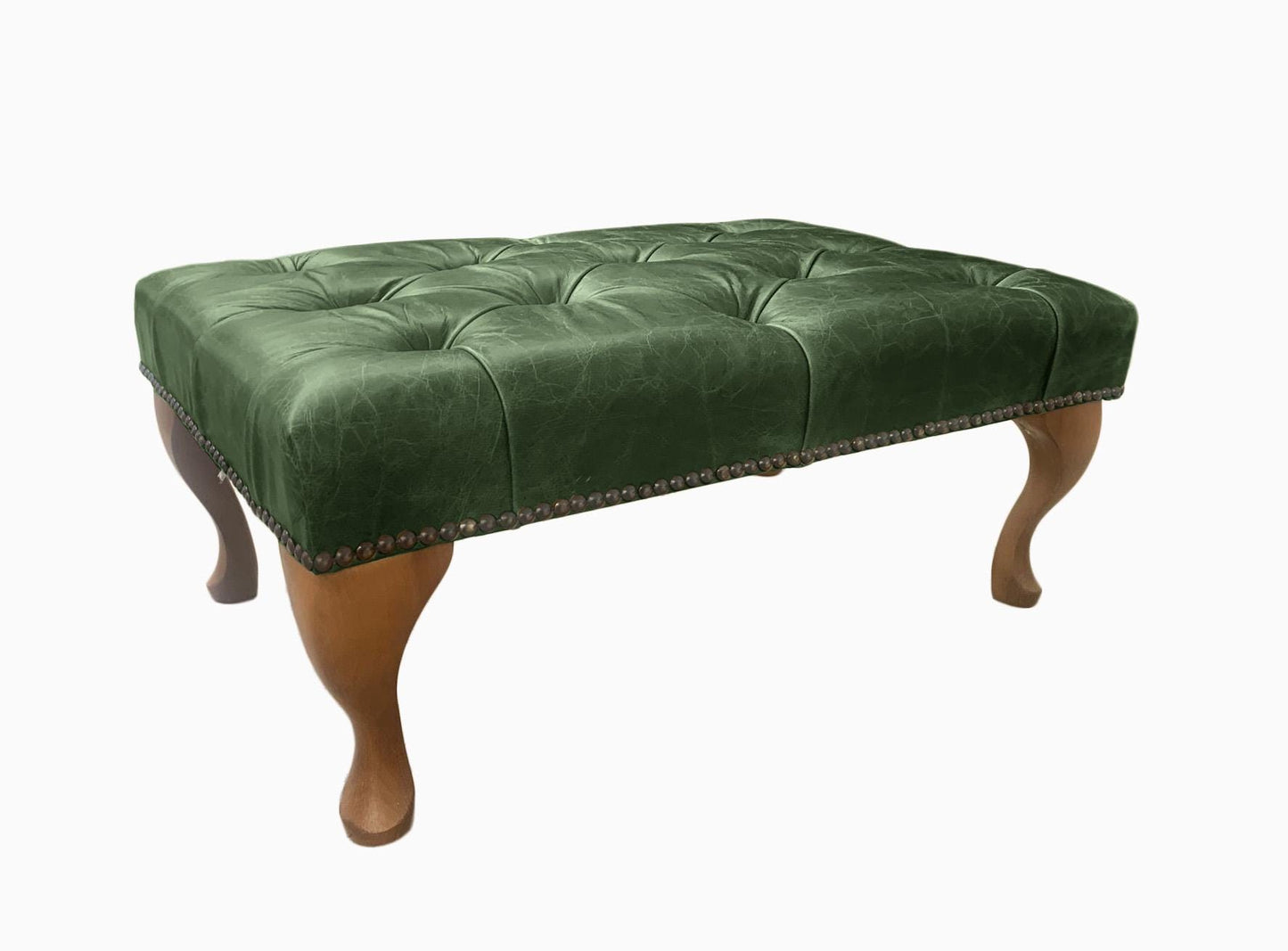 Chesterfield High Back Wing chair and Stool - Presented In Genuine Vintage Green Leather - The Kensington