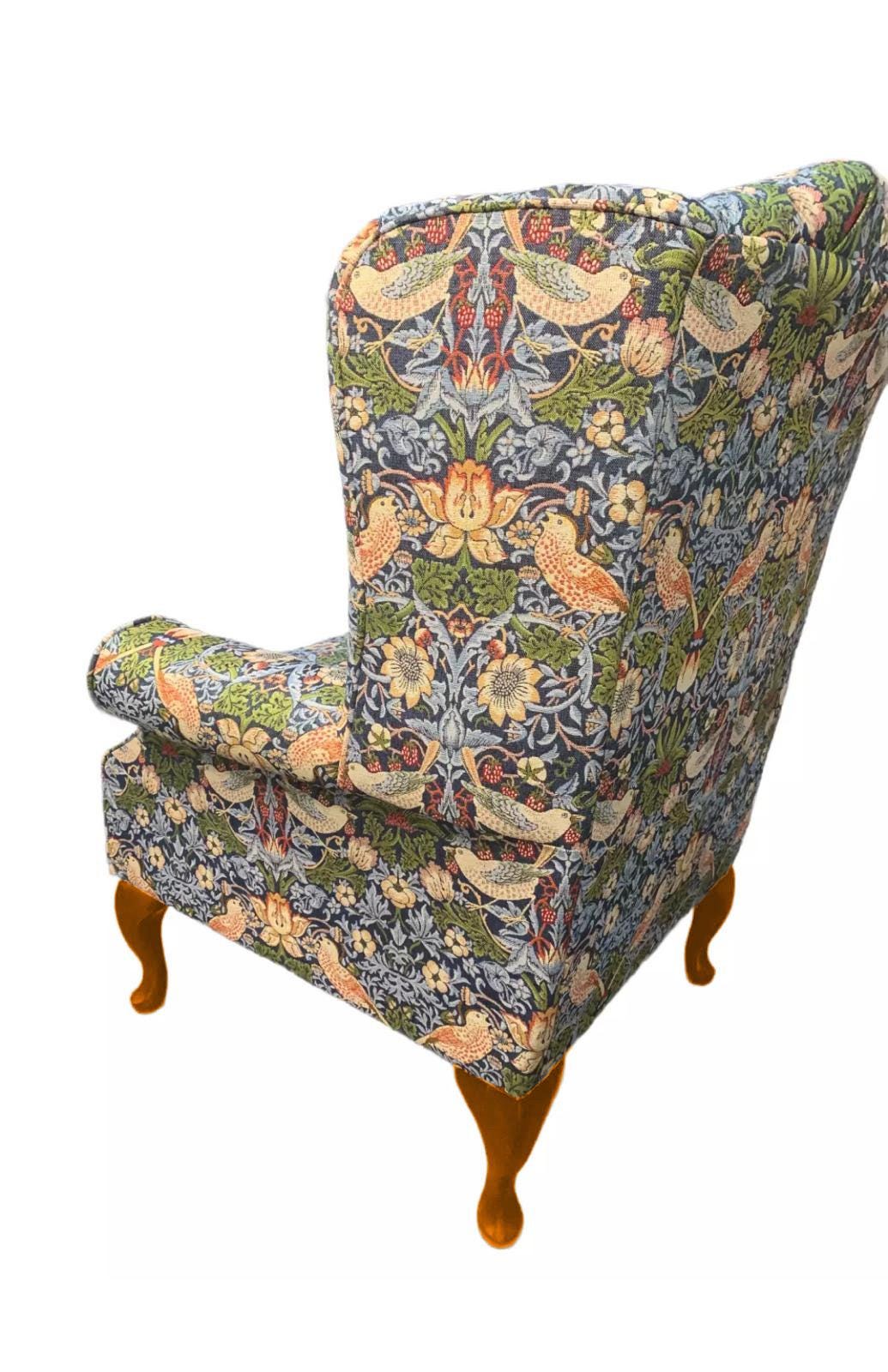 Classic Wingback Fireside Chair - Presented In Luxury William Morris Style Design "STRAWBERRY THIEF" Fabric