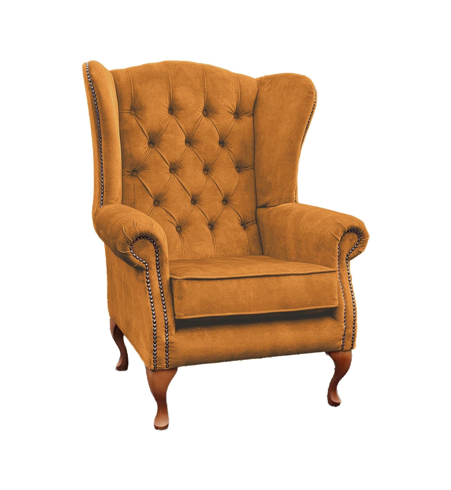 Chesterfield High Back Wing chair and stool - Presented In Luxury Turmeric Velvet - The Kensington