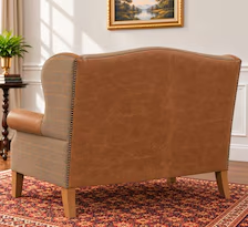 Harris Tweed and leather wingback two seater sofa, rear view showing tweed back