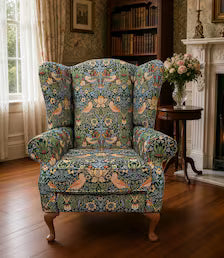 Classic Wingback Fireside Chair - Presented In Luxury William Morris Style Design "STRAWBERRY THIEF" Fabric