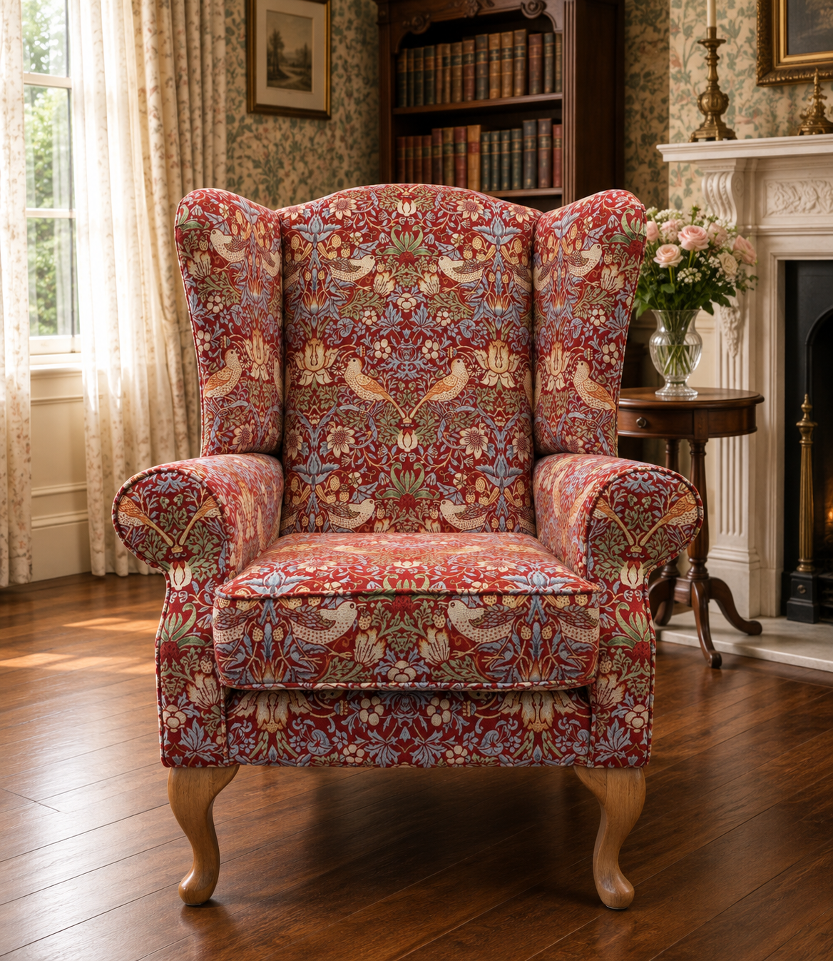 Classic Wingback Fireside Chair - Presented In Luxury William Morris Style Design "STRAWBERRY THIEF" Fabric