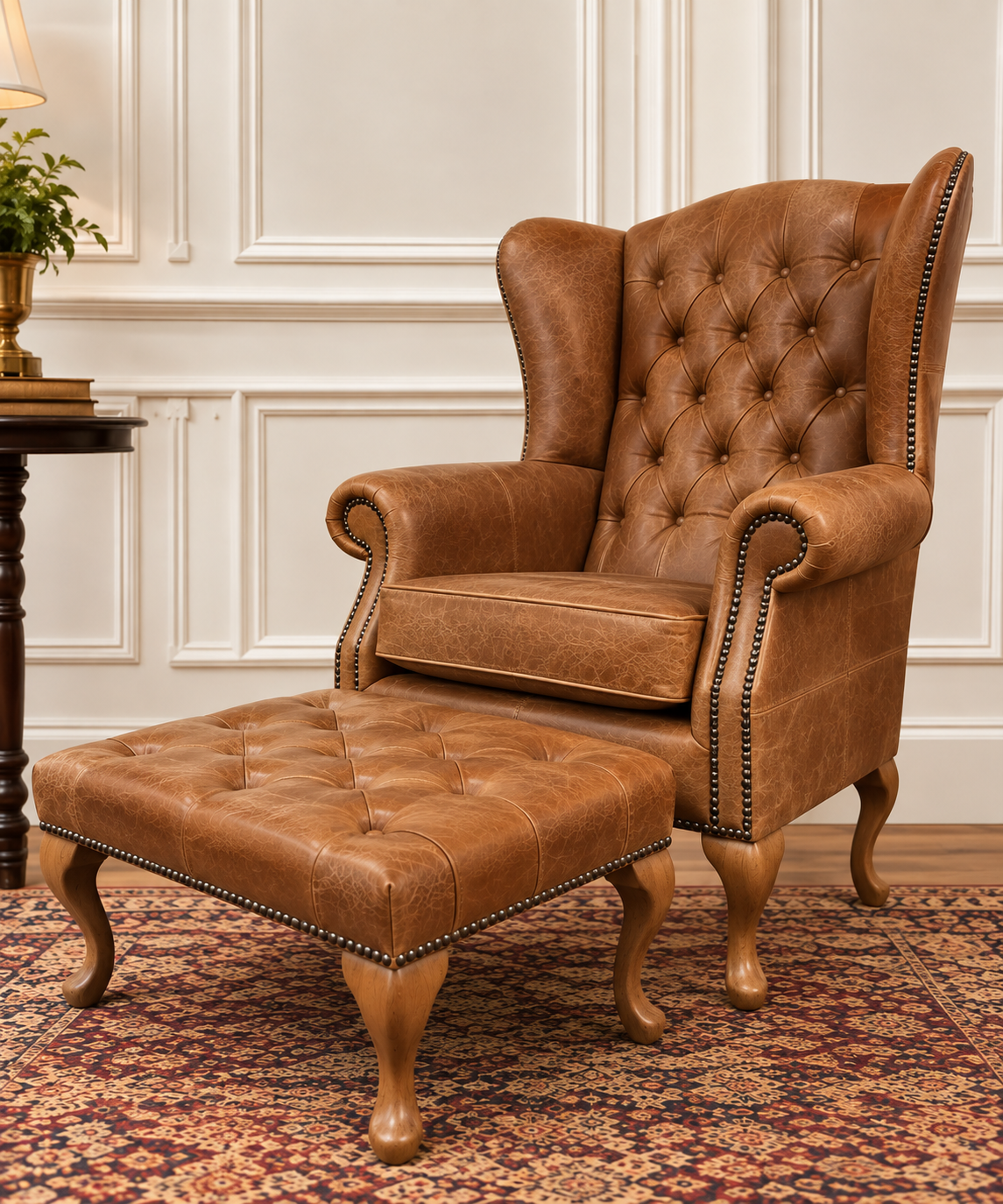 Chesterfield High Back Wing chair and Stool - Presented In Genuine Vintage Leather - The Kensington