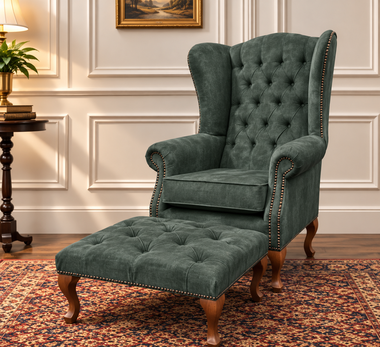 Chesterfield High Back Wing chair and stool - Presented In Luxury Velvet - The Kensington
