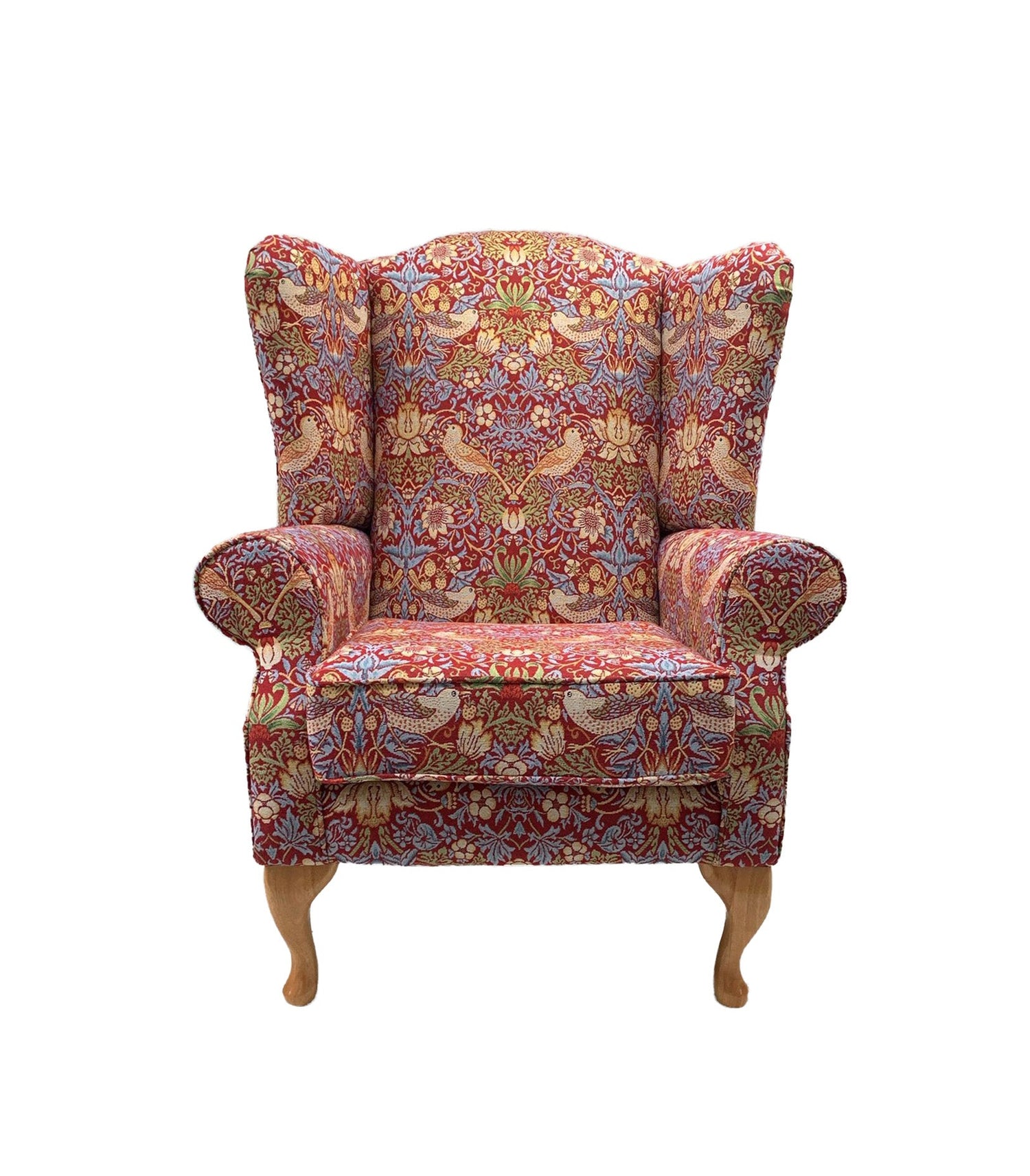 Classic Wingback Fireside Chair - Presented In Luxury William Morris Style Design "STRAWBERRY THIEF" Fabric