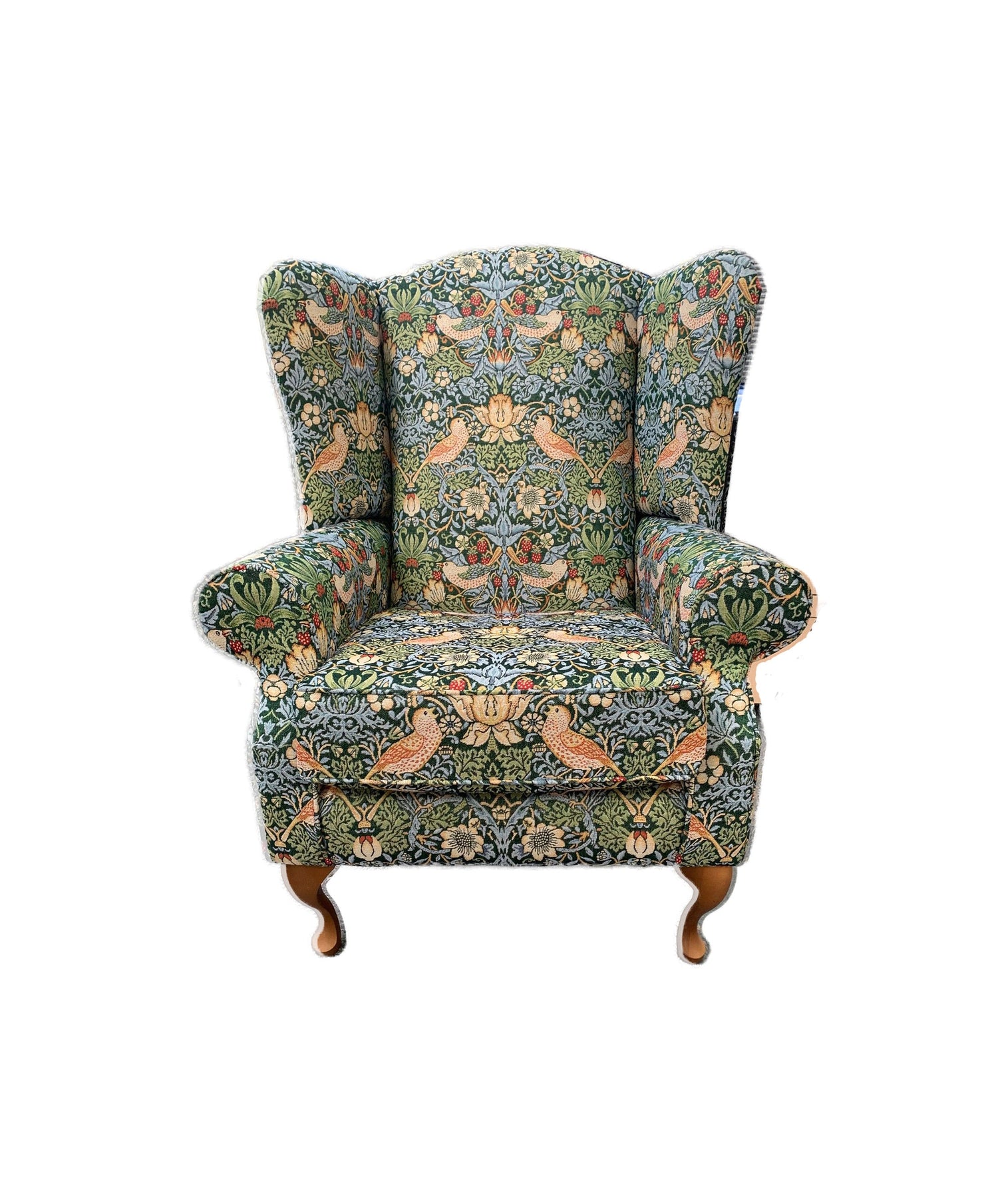 Classic Wingback Fireside Chair - Presented In Luxury William Morris Style Design "STRAWBERRY THIEF" Fabric