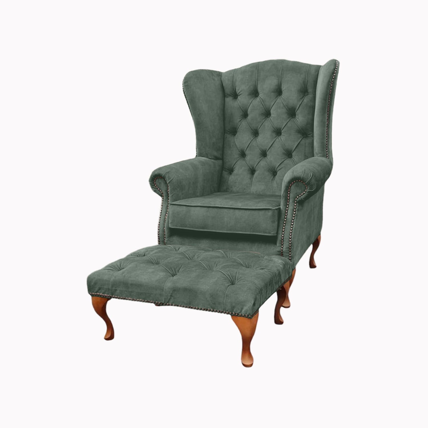 Chesterfield High Back Wing chair and stool - Presented In Luxury Velvet - The Kensington