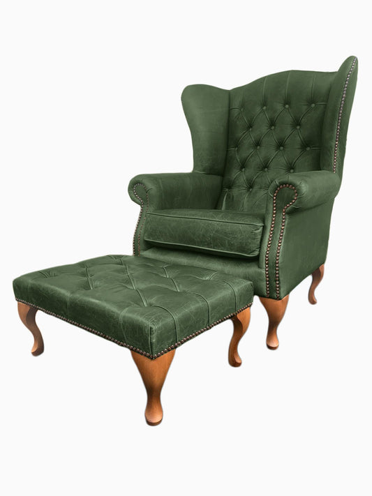 Chesterfield High Back Wing chair and Stool - Presented In Genuine Vintage Green Leather - The Kensington