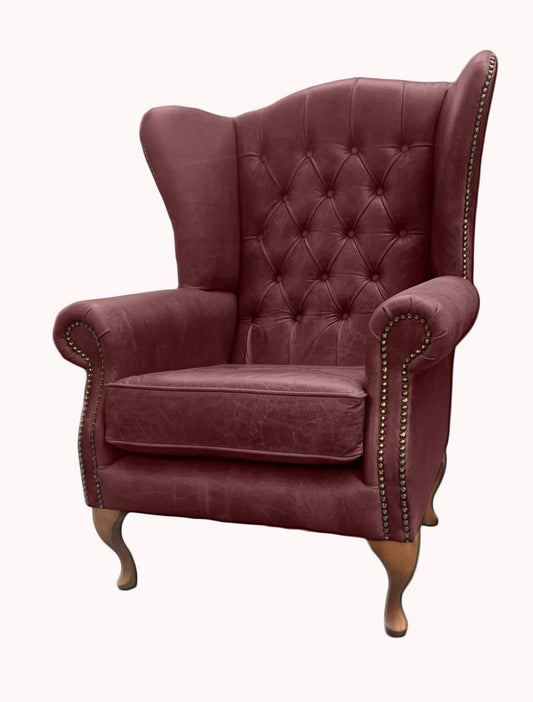 Chesterfield High Back Wing chair - Presented In Genuine Vintage Red Leather - The Kensington