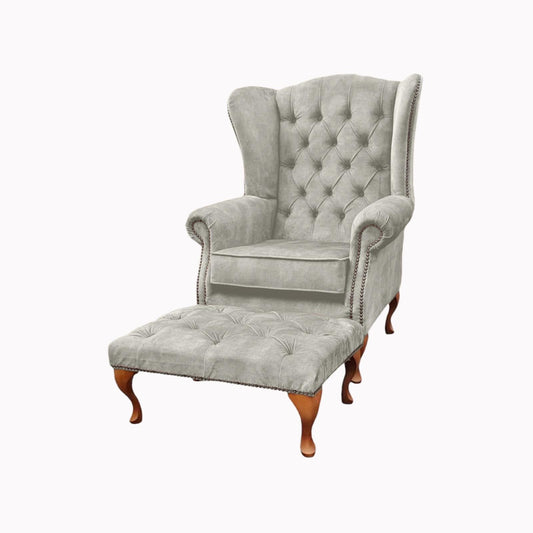 Chesterfield High Back Wing chair and stool - Presented In Luxury Almond Velvet - The Kensington