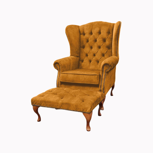 Chesterfield High Back Wing chair and stool - Presented In Luxury Turmeric Velvet - The Kensington