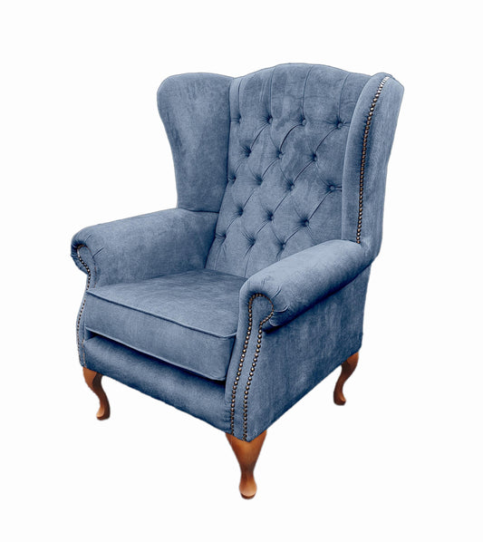 Chesterfield High Back Wing chair - Presented In Luxury Blue Velvet - The Kensington